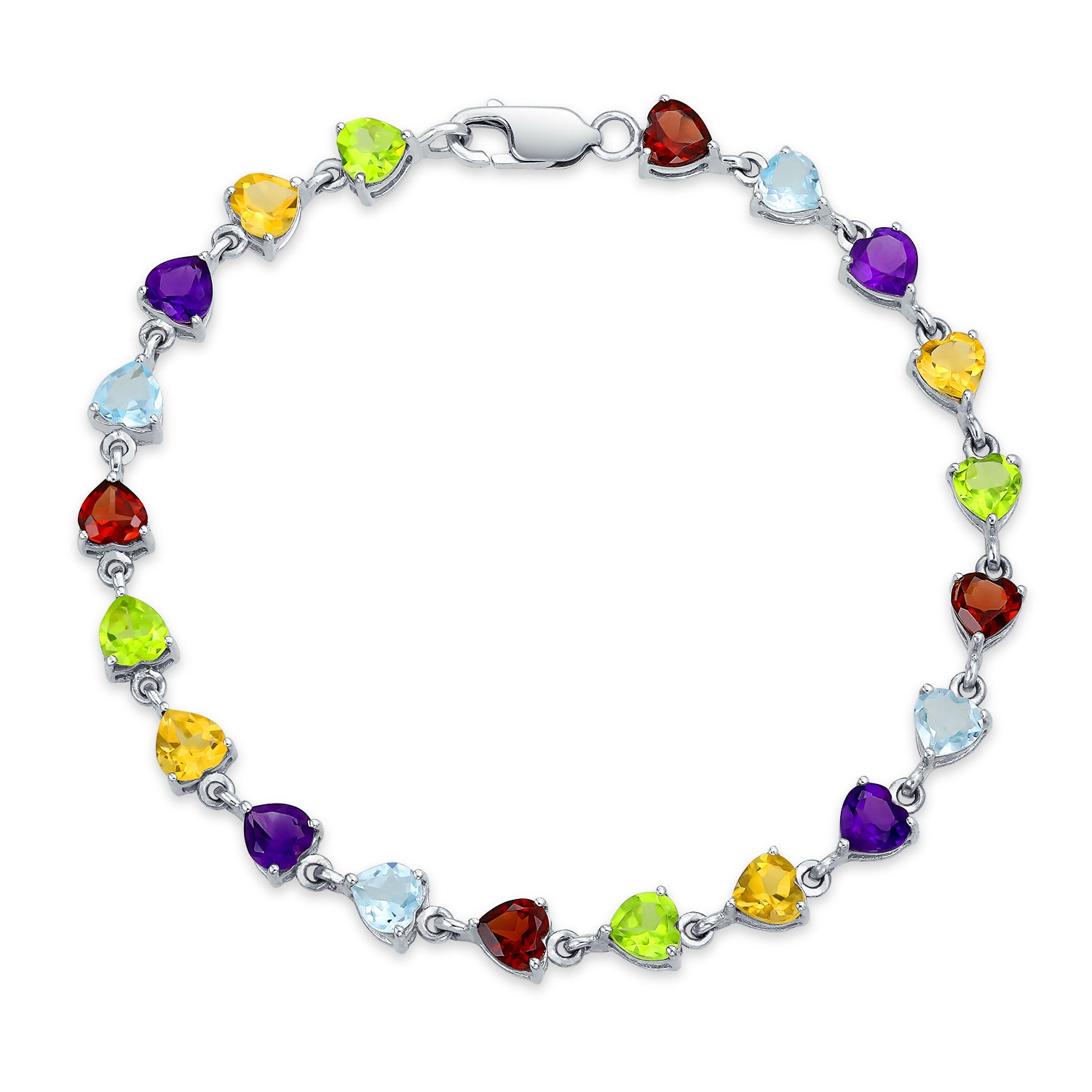 .925 Sterling Silver Natural Multi Gemstone Heart Tennis Bracelet Citrine Peridot Garnet Amethyst