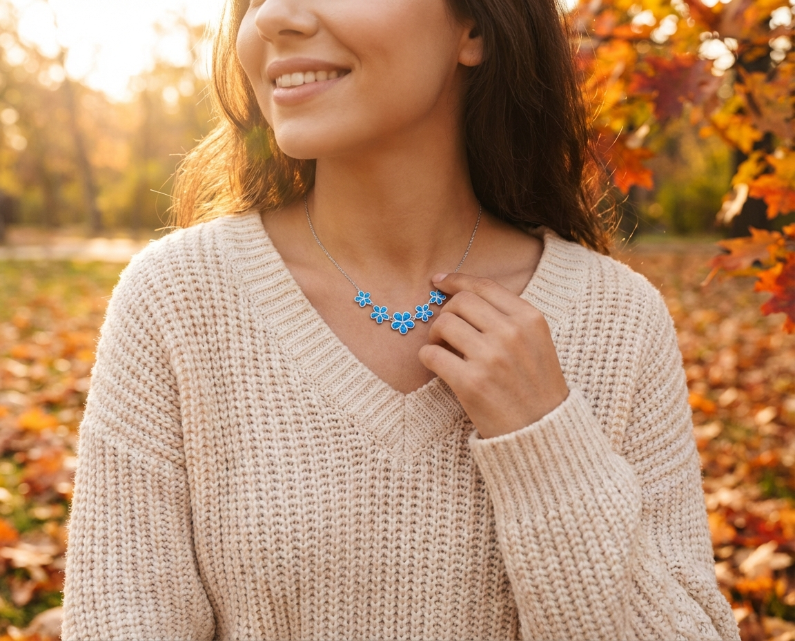 Statement Created Blue Opal Plumeria Hawaiian Flower Collar Necklace .925 Sterling Silver
