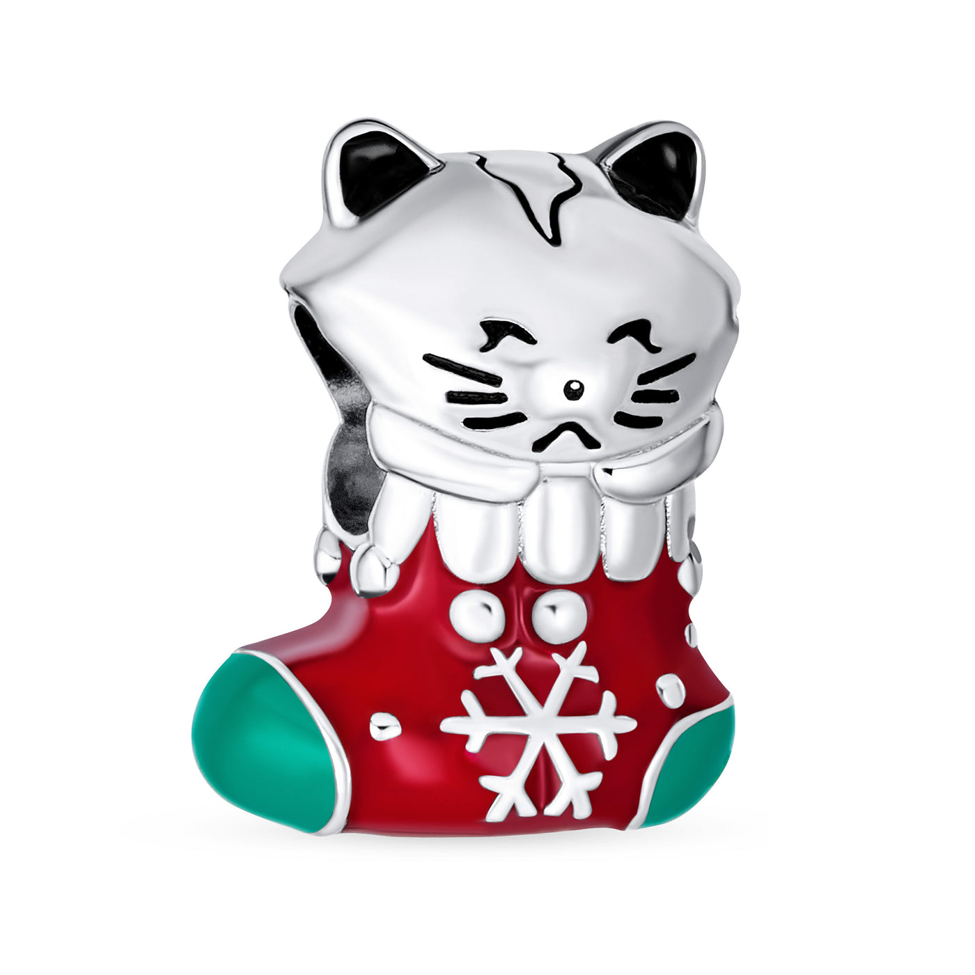 Christmas Charm Bead Kitten Stocking Enamel Sterling Silver for Bracelets