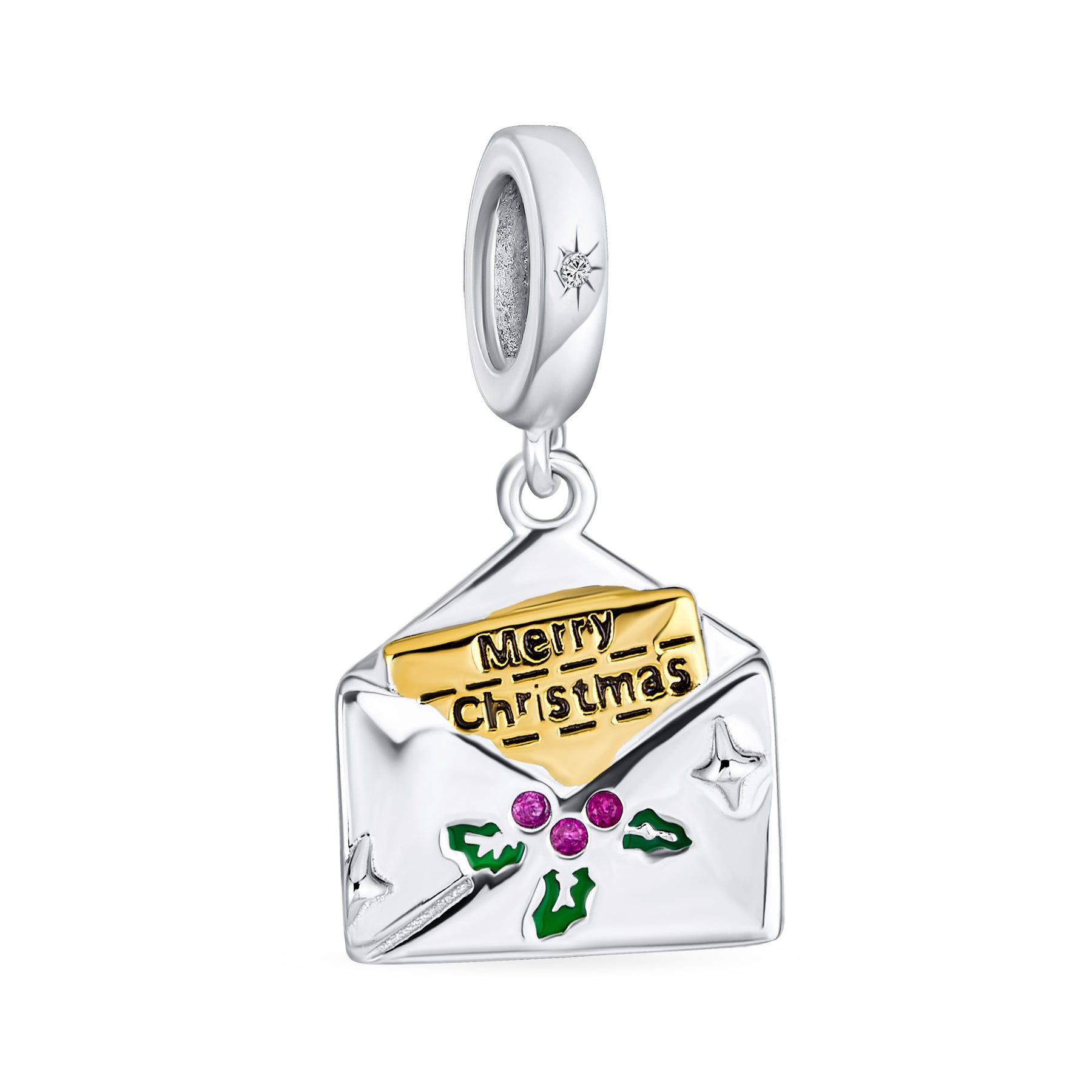 Sterling Silver Mistletoe Holly Envelope Letter Word Merry Christmas Dangling Charm Bead for Bracelet