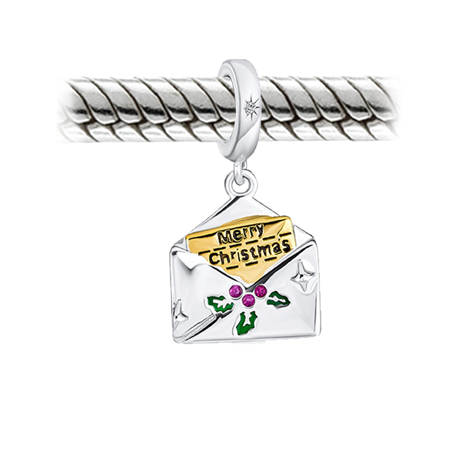 Sterling Silver Mistletoe Holly Envelope Letter Word Merry Christmas Dangling Charm Bead for Bracelet