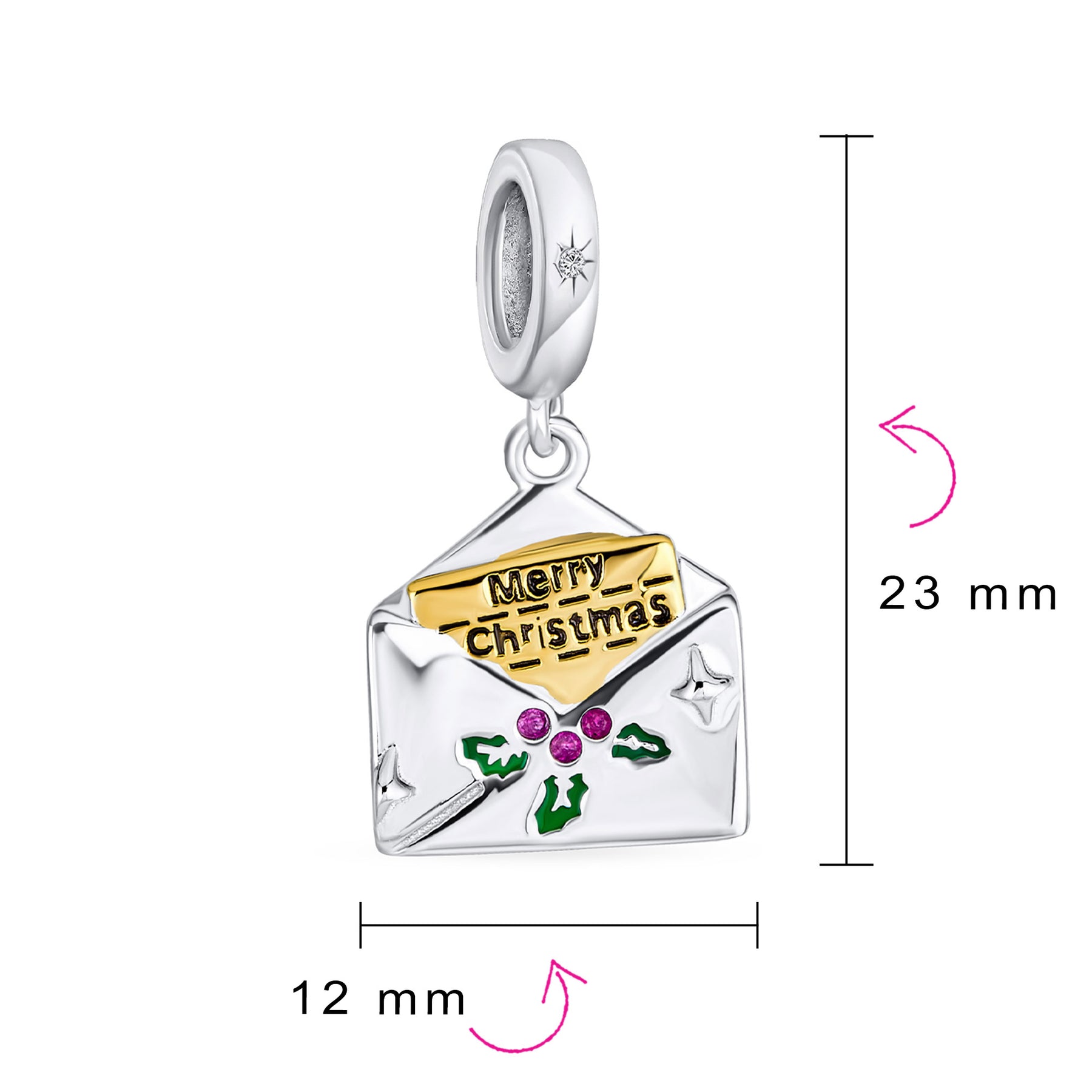 Sterling Silver Mistletoe Holly Envelope Letter Word Merry Christmas Dangling Charm Bead for Bracelet