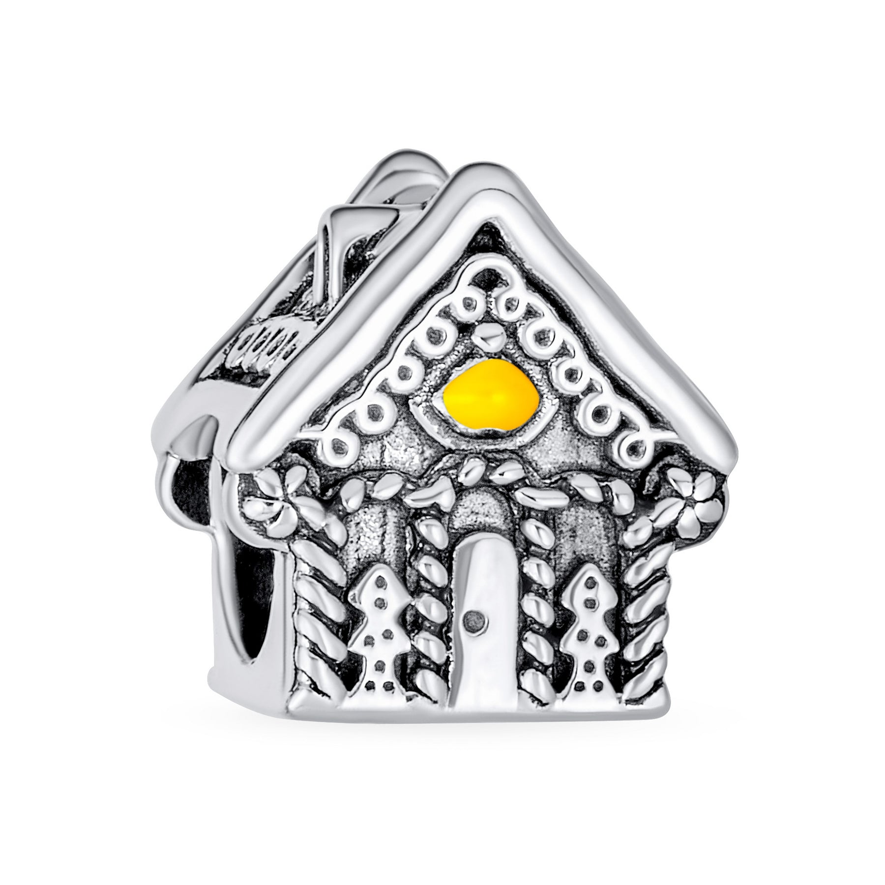 Sterling Silver Sweet Home Christmas Candy Cane Gingerbread House Charm Bead Oxidized for Bracelet