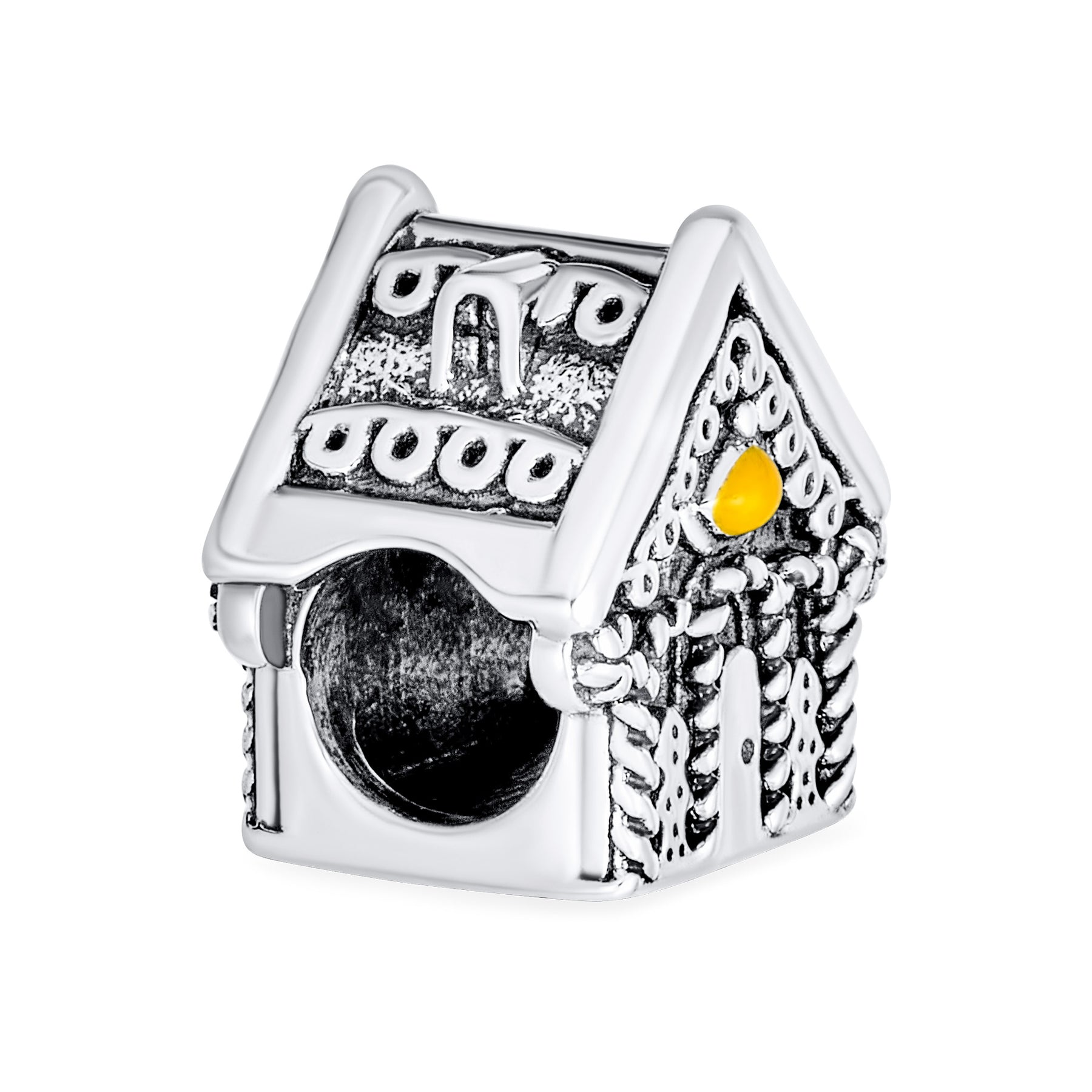 Sterling Silver Sweet Home Christmas Candy Cane Gingerbread House Charm Bead Oxidized for Bracelet
