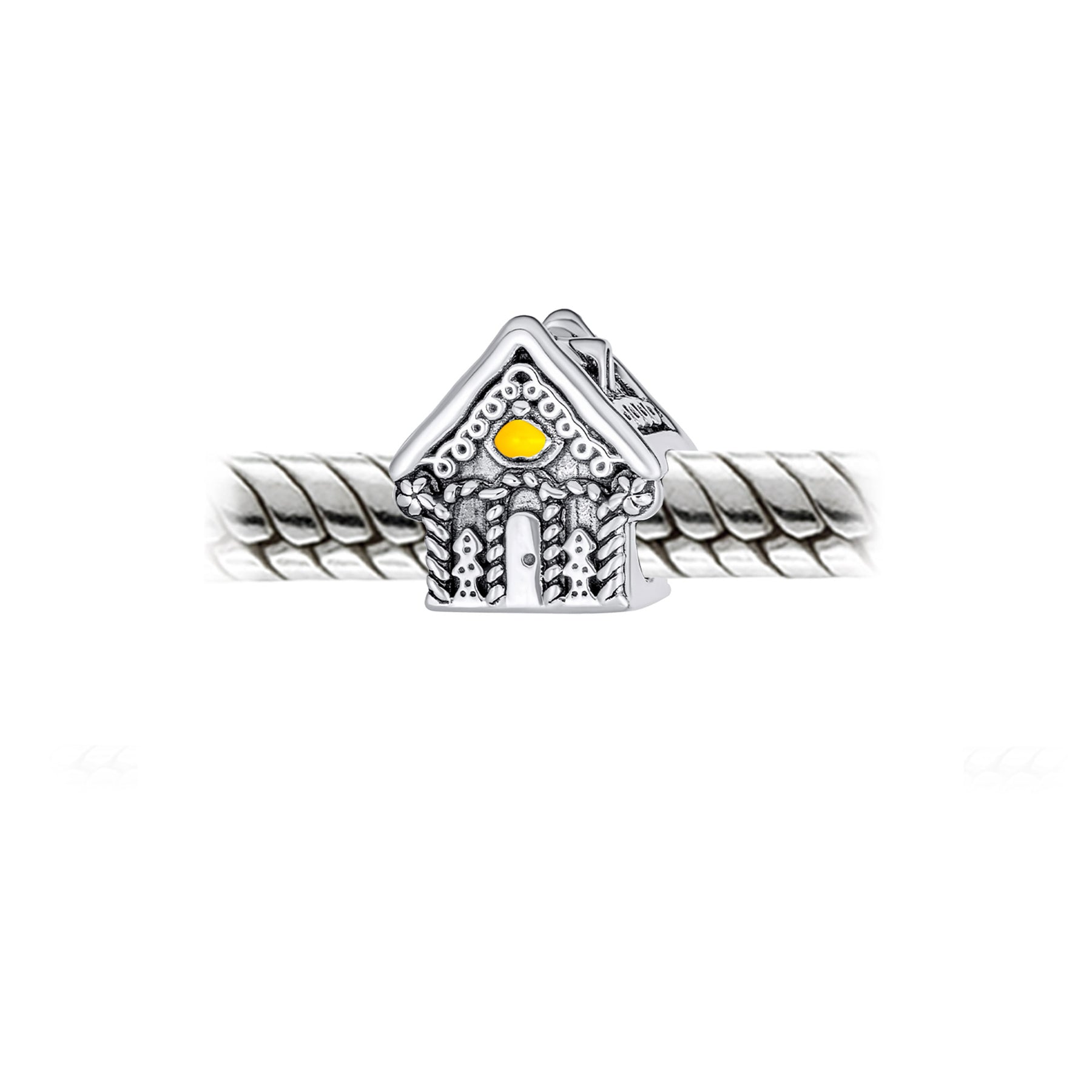 Sterling Silver Sweet Home Christmas Candy Cane Gingerbread House Charm Bead Oxidized for Bracelet