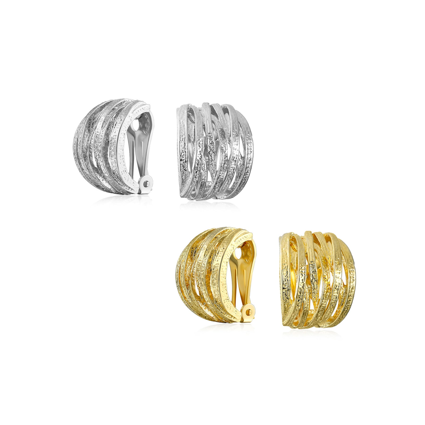 Criss Cross Basket Weave Clip On Earrings Non Pierced Ears Matte 14K Gold Plated Rhodium (Set of 2)