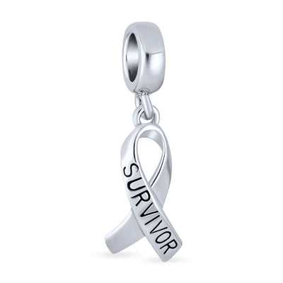 Set of 2 Ribbon Breast Cancer Survivor Message Dangle Charm Bead Silver