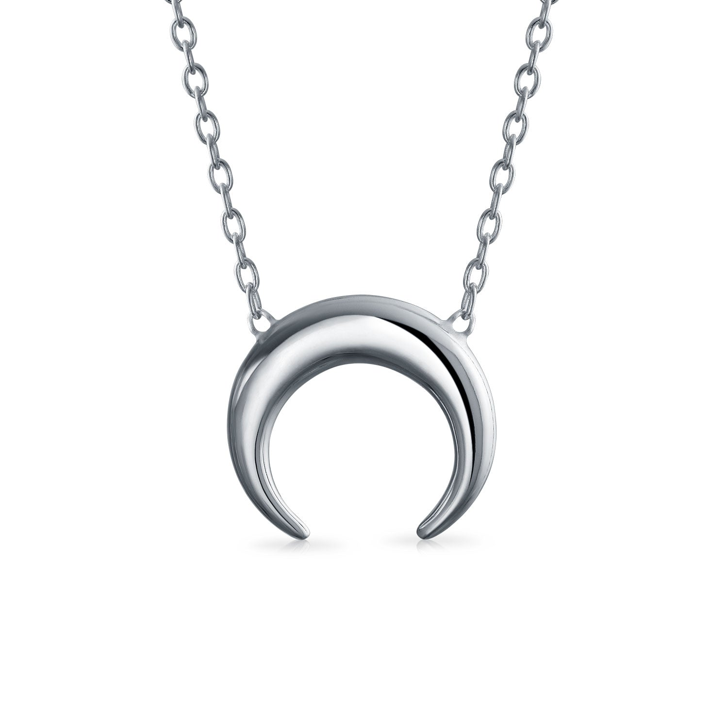 Celestial Crescent Moon Pendant Necklace Sterling Silver with Double Horn Design