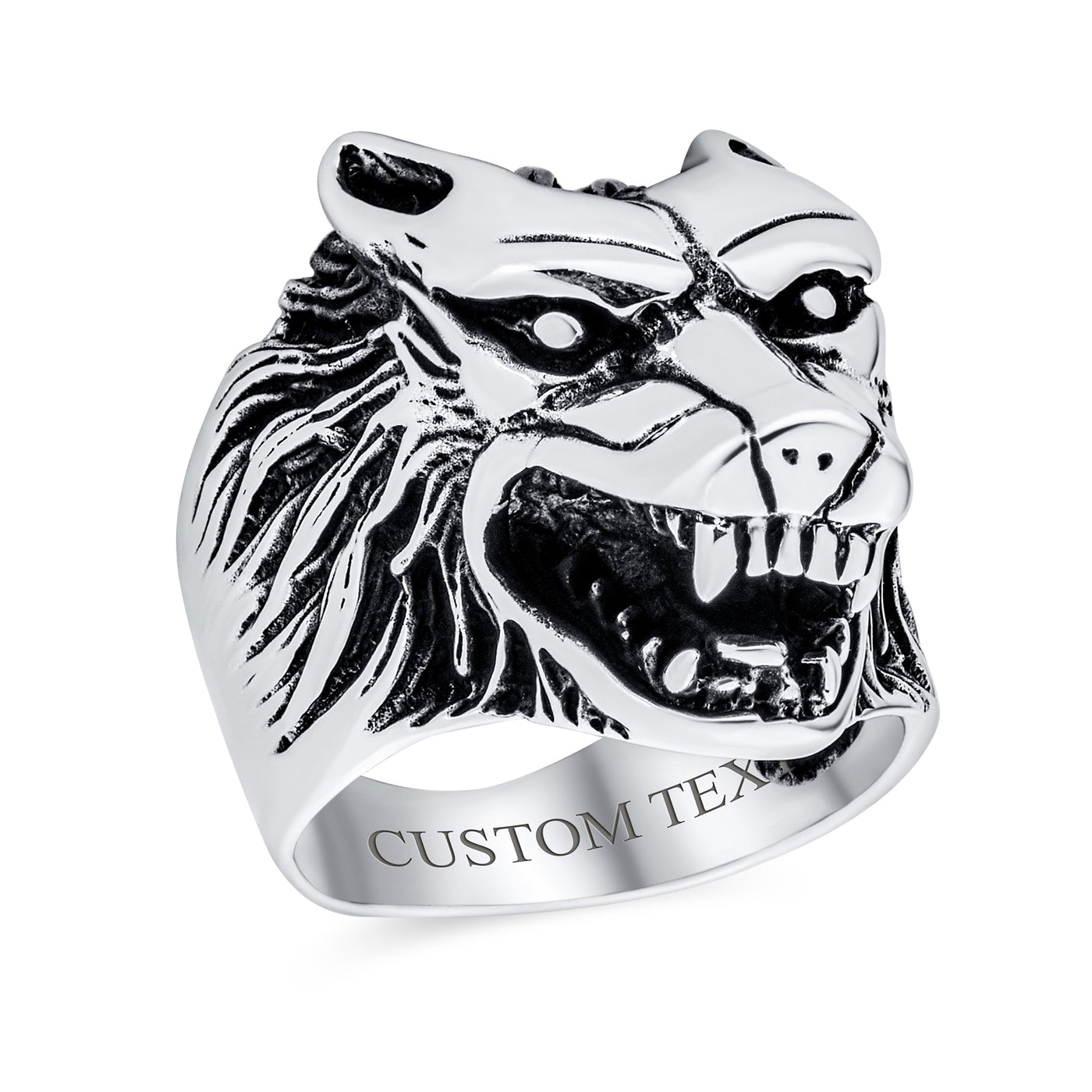 Hunter Norse Viking Warrior Mens Silver Ring with Fierce Roaring Wolf Head Design