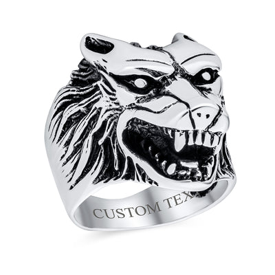 Hunter Norse Viking Warrior Mens Silver Ring with Fierce Roaring Wolf Head Design