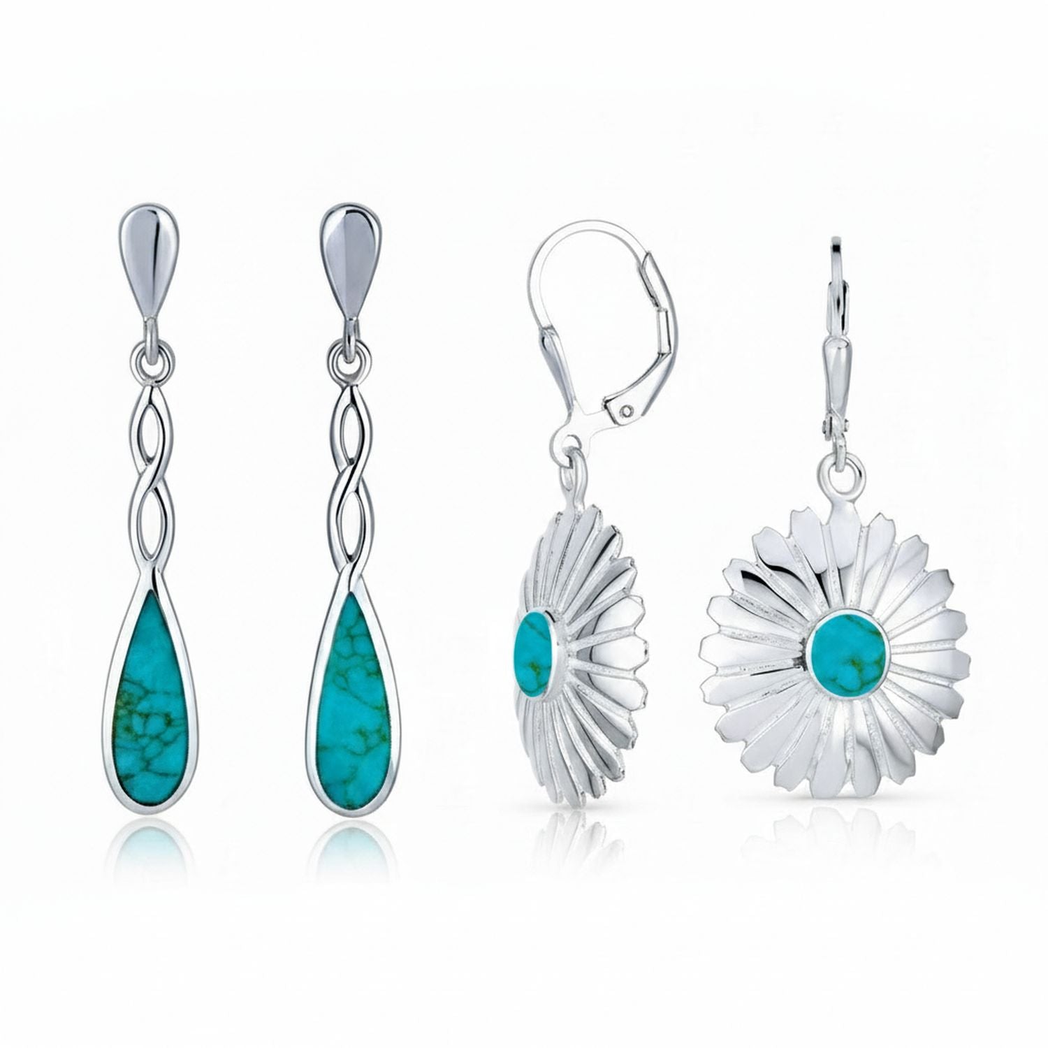 Sterling Silver Turquoise Concho Flower & Infinity Twist Teardrop Dangle Earrings (Set of 2)