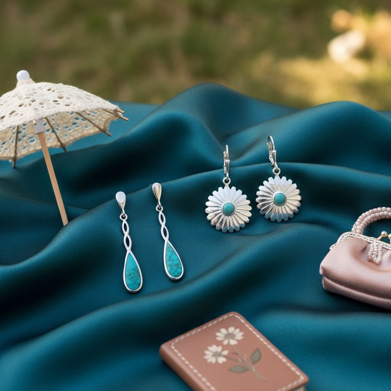 Sterling Silver Turquoise Concho Flower & Infinity Twist Teardrop Dangle Earrings (Set of 2)