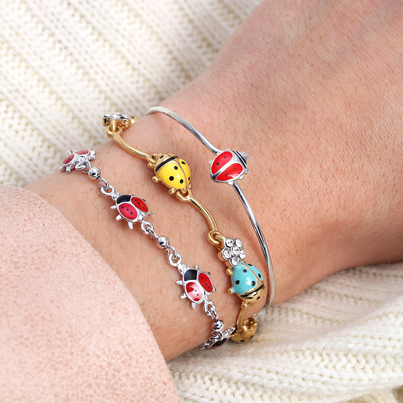 Good Luck Chain Link Bracelet Red Ladybugs Charms Sterling Silver 7-7.5 Inch