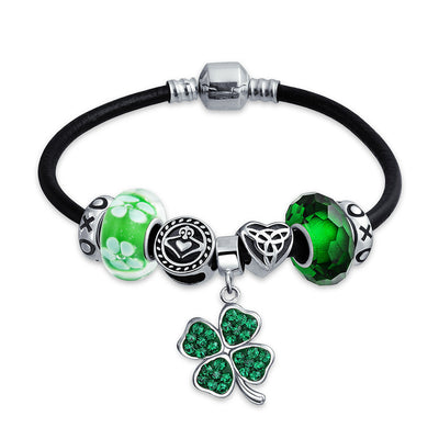 Celtic Clover Shamrock Claddagh Charm Bracelet Leather Sterling Silver