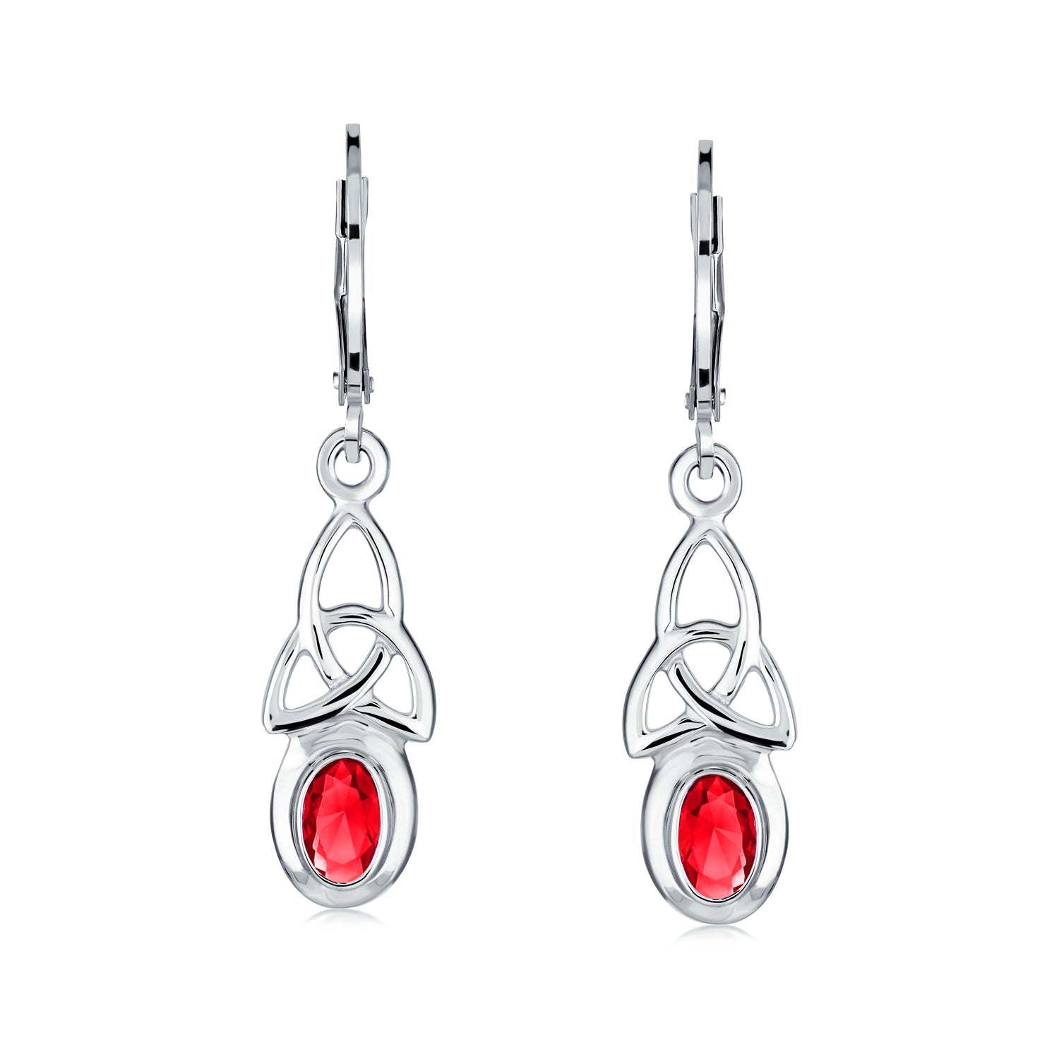 Set of 2 Celtic Love Knot Oval Blue Topaz & Simulated Red Ruby Dangle Earrings
