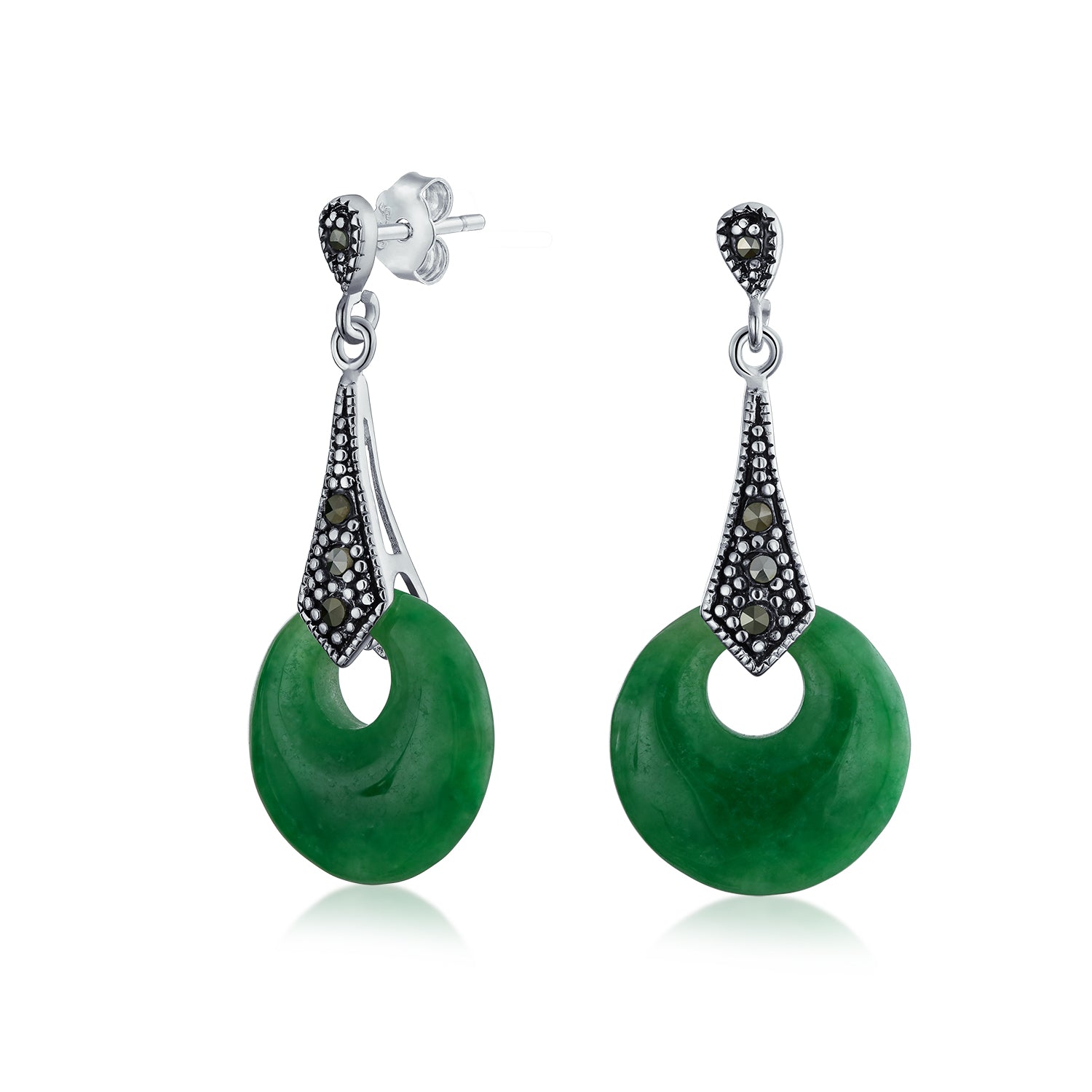 Good Fortune Marcasite Green Jade Circle Drop Earrings Sterling Silver ...