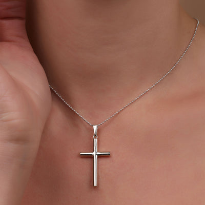 Minimalist Petite Tube Cross Pendant Necklace in Polished Sterling Silver