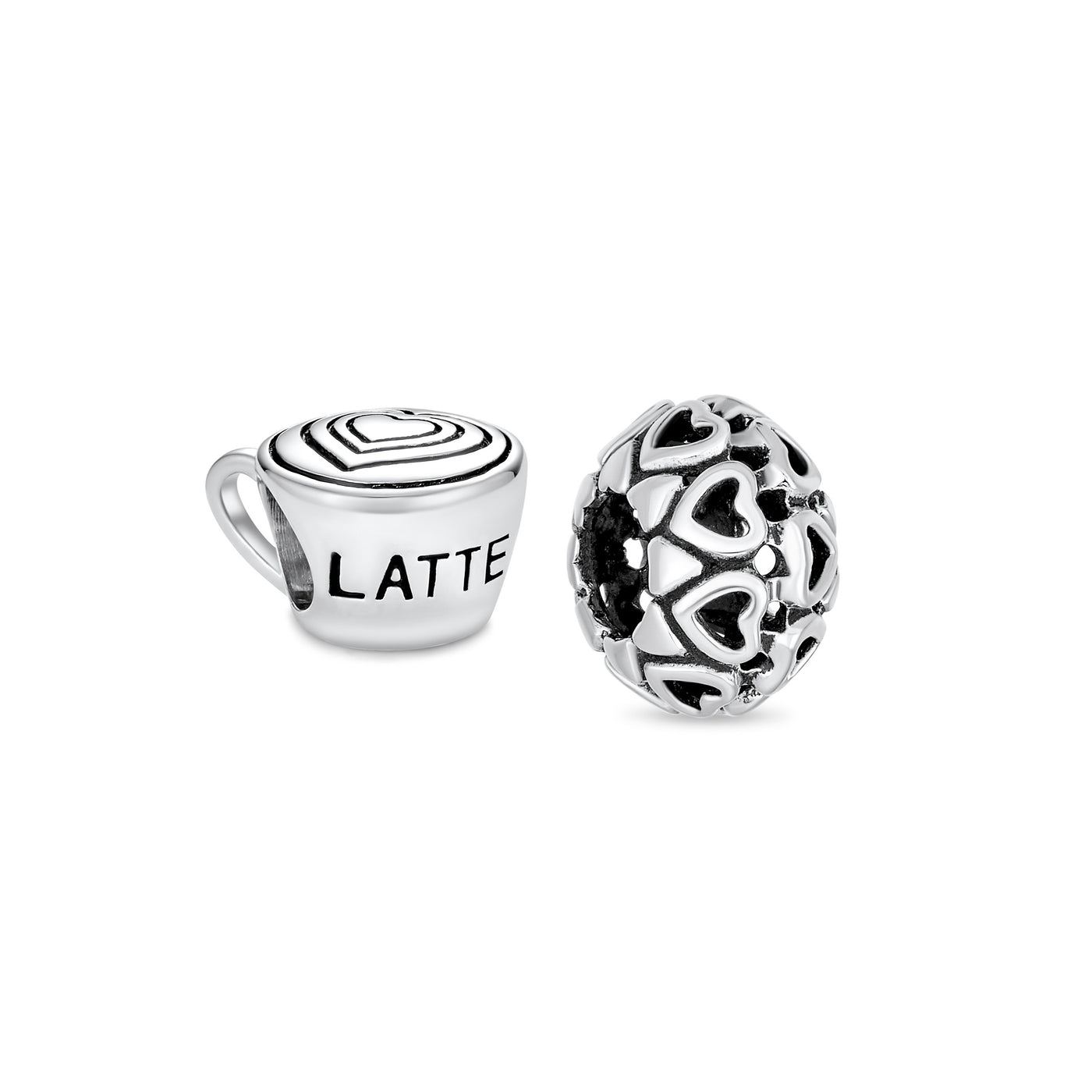 Set of 2 Latte Cup and Open Filigree Heart Charm Bead Oxidized Sterling Silver