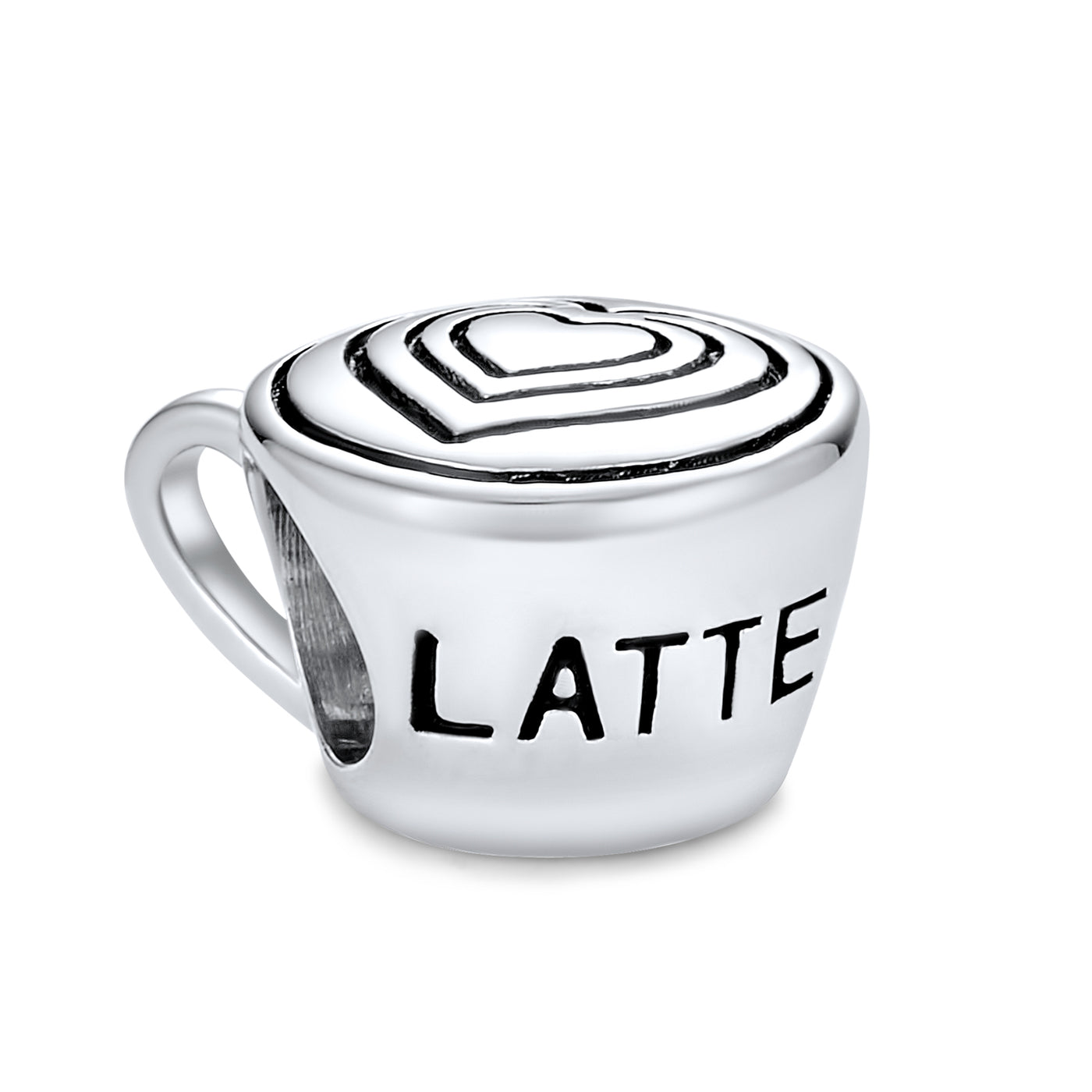 Set of 2 Latte Cup and Open Filigree Heart Charm Bead Oxidized Sterling Silver
