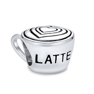 Set of 2 Latte Cup and Open Filigree Heart Charm Bead Oxidized Sterling Silver