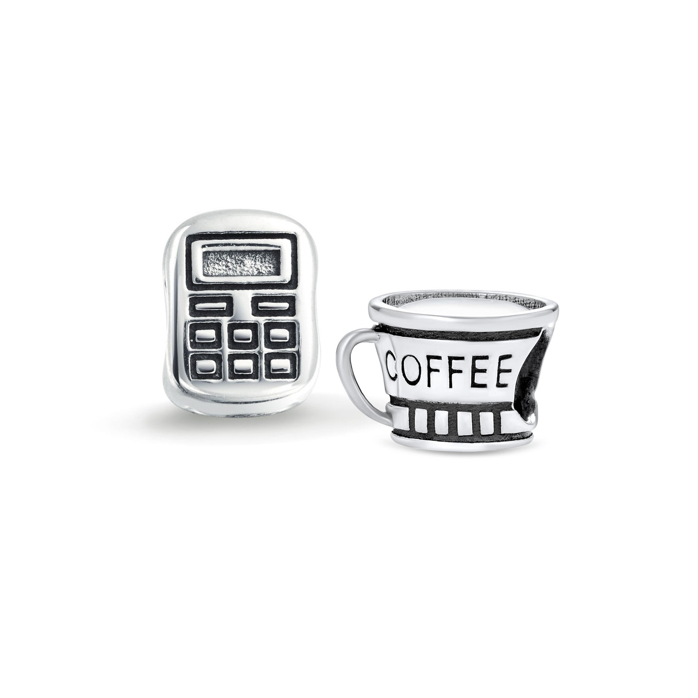 Set of 2 Latte Travel Mug Cup Coffee and Calculator Charm Bead Sterling Silver