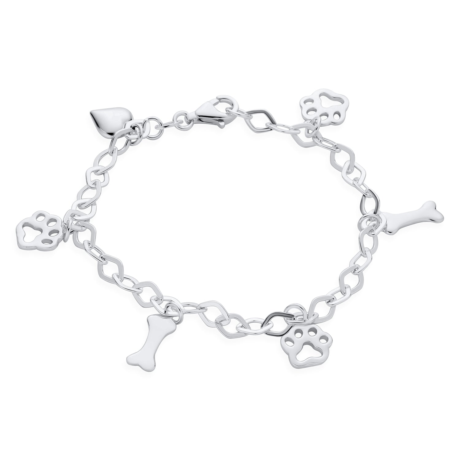 Best Friend Animal Lover Heart Dog Bone Paw Print Multi Charm Bracelet .925 Sterling Silver 7 Inch