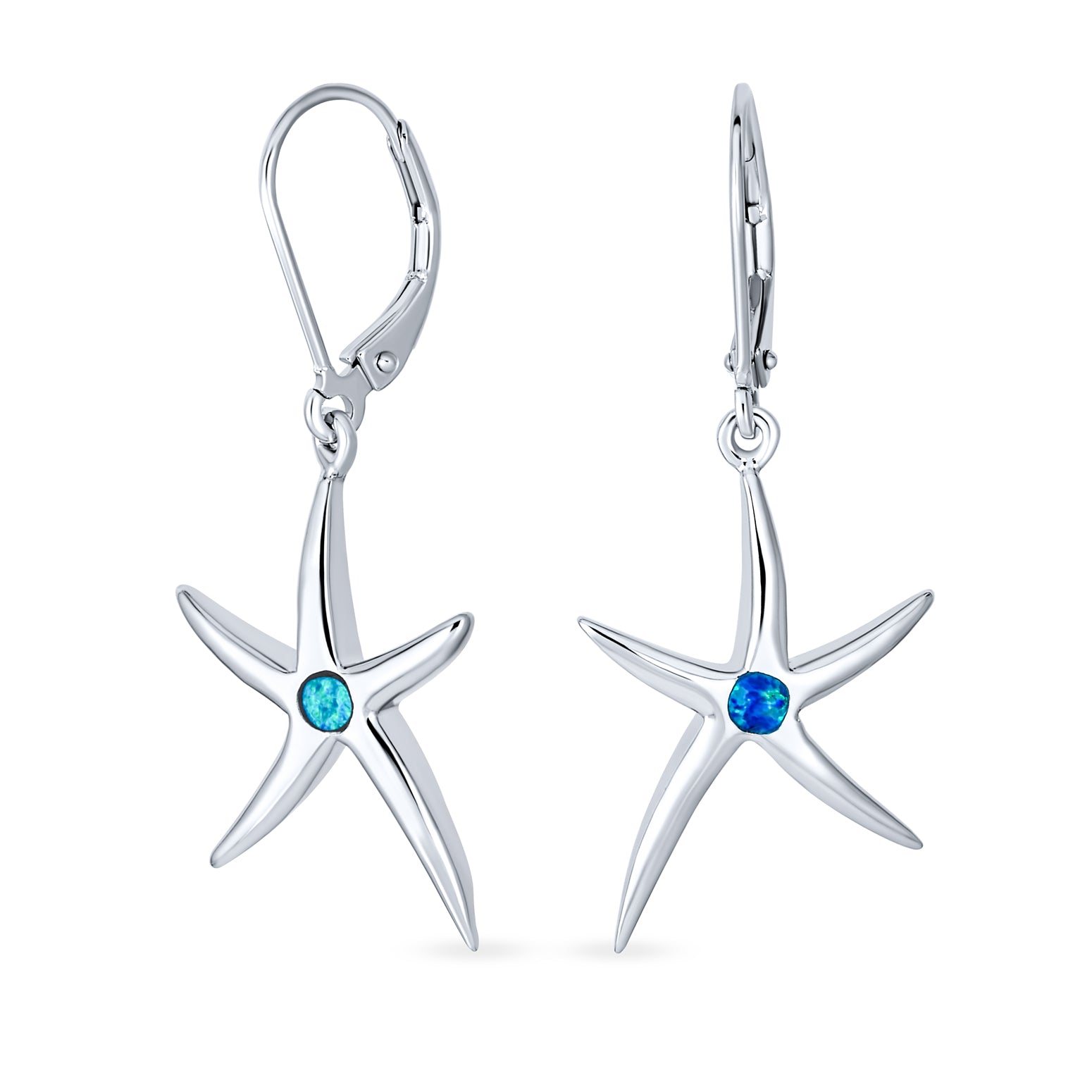 Blue Created Opal Starfish Dangle Gemstone Earrings Silver