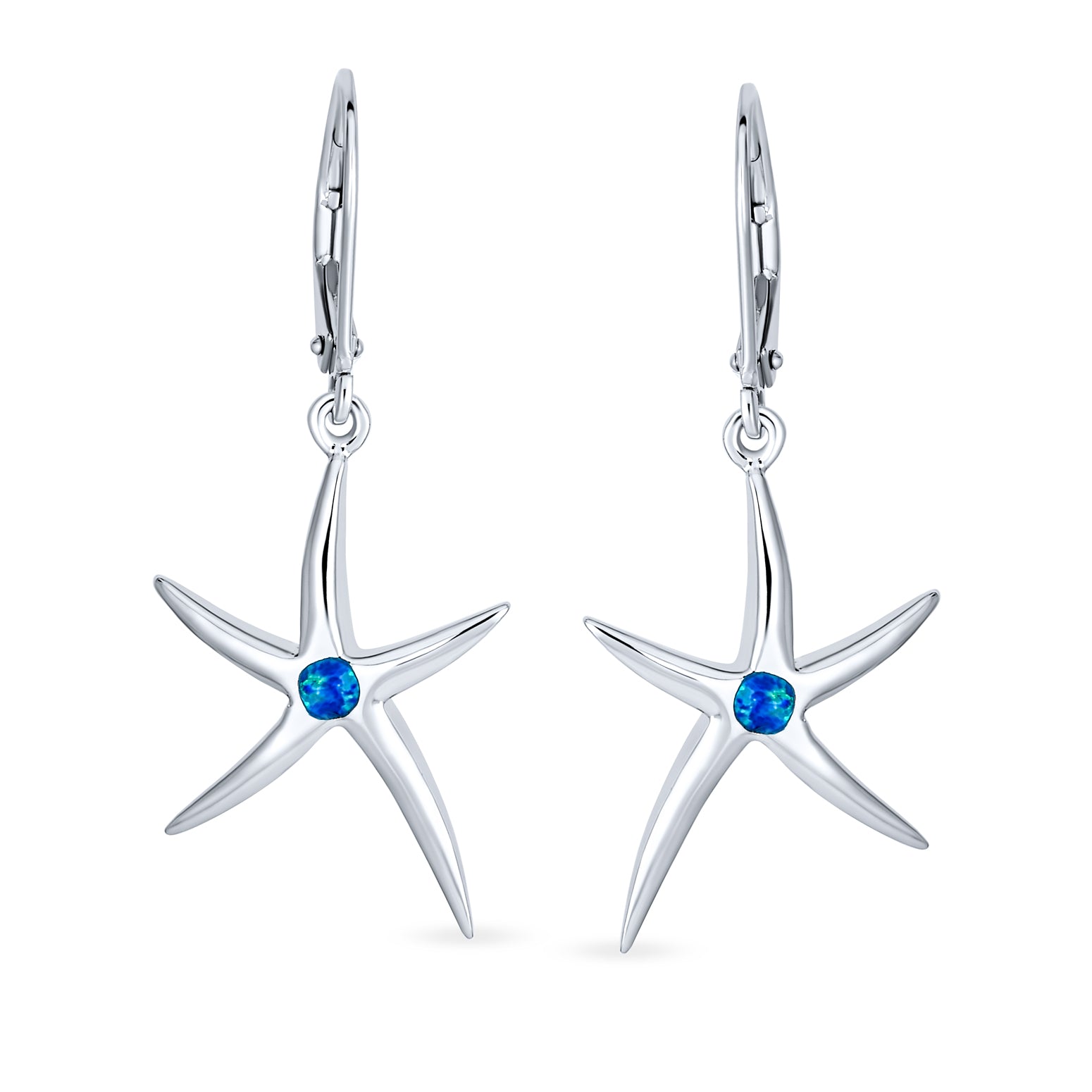 Blue Created Opal Starfish Dangle Gemstone Earrings Silver