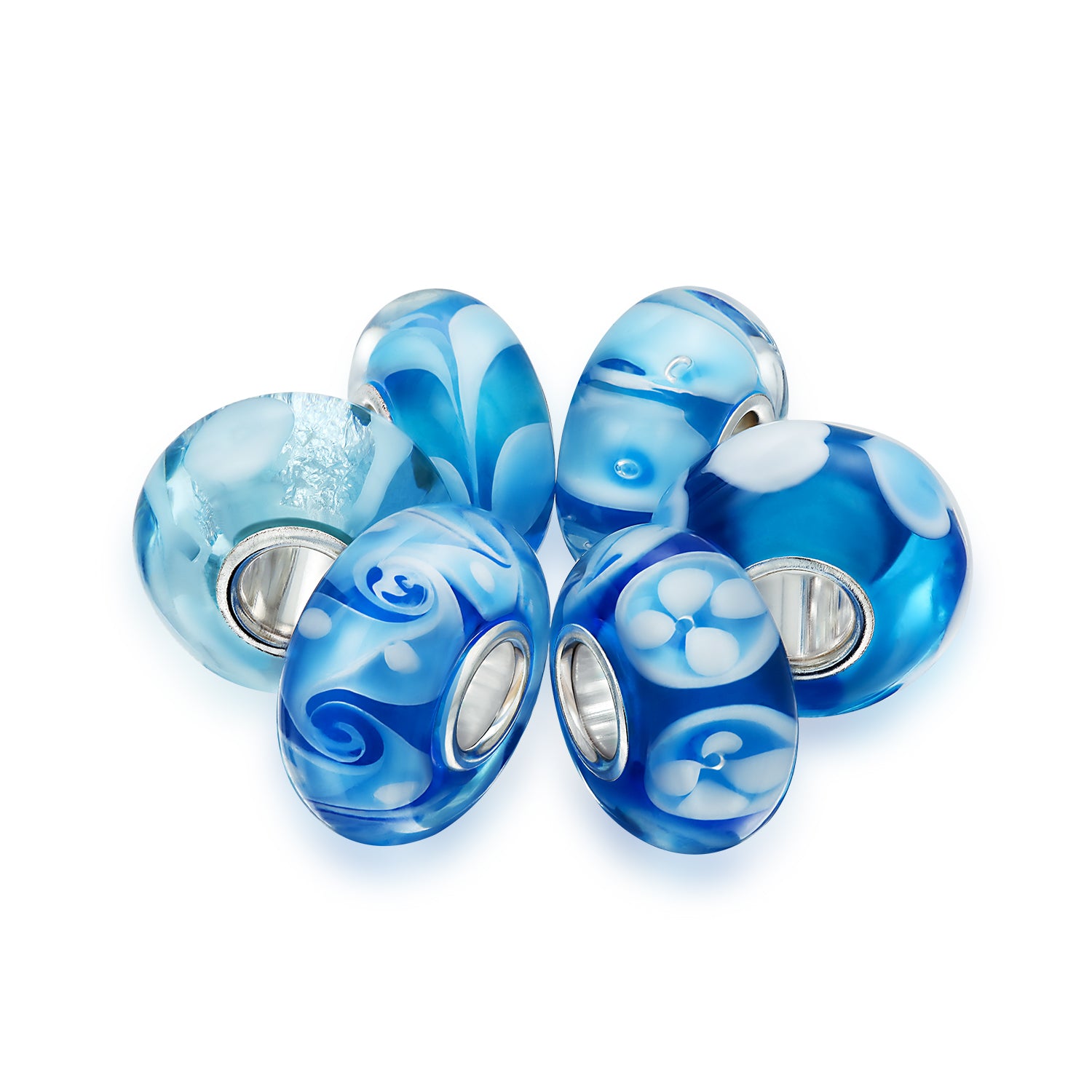 Mixed Set Blue Aqua White Floral Murano Glass Flower Charm Bead Sterling Silver Core For Bracelet