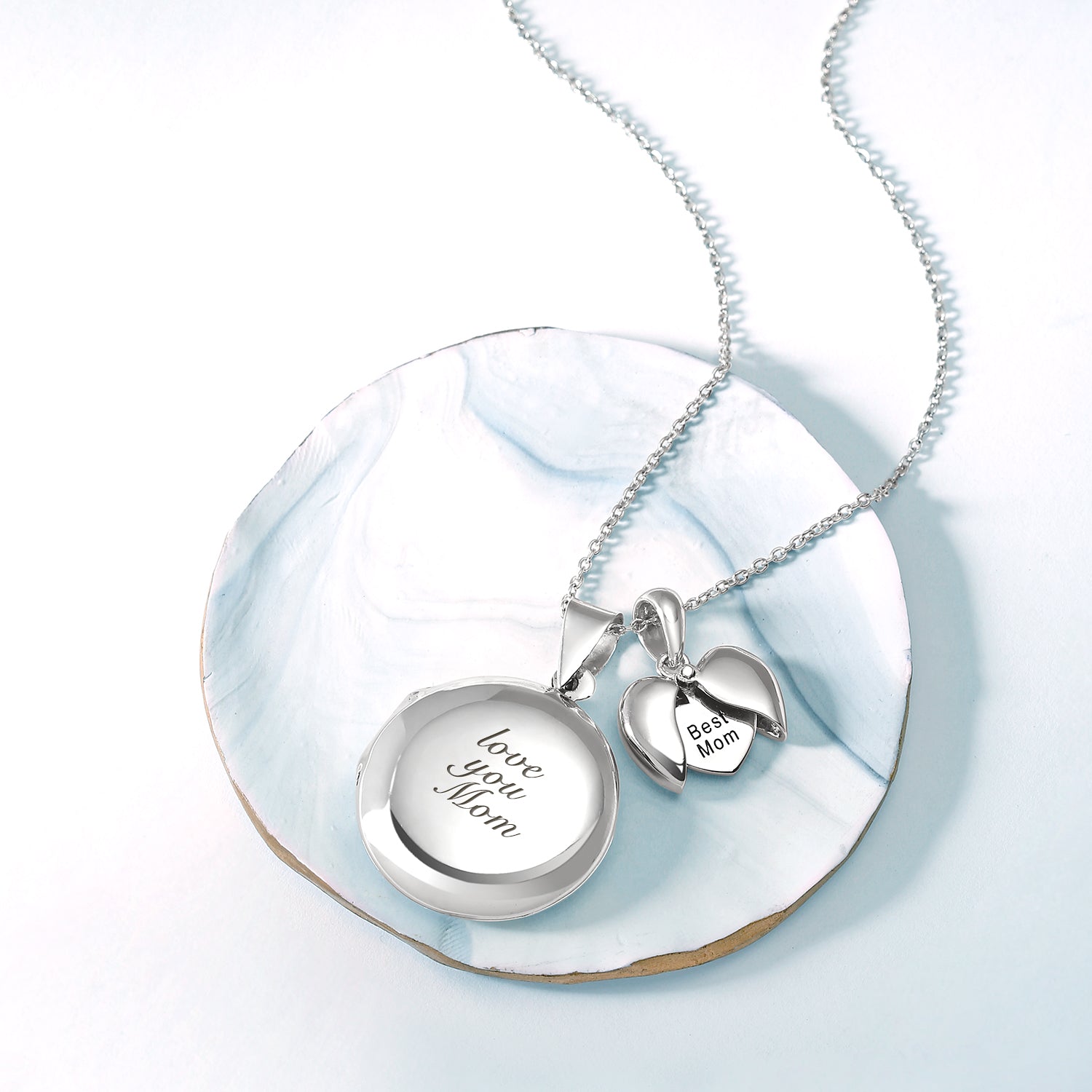 BEST MOM Word Angel Wing Heart Locket Pendant Necklace .925 Sterling Silver