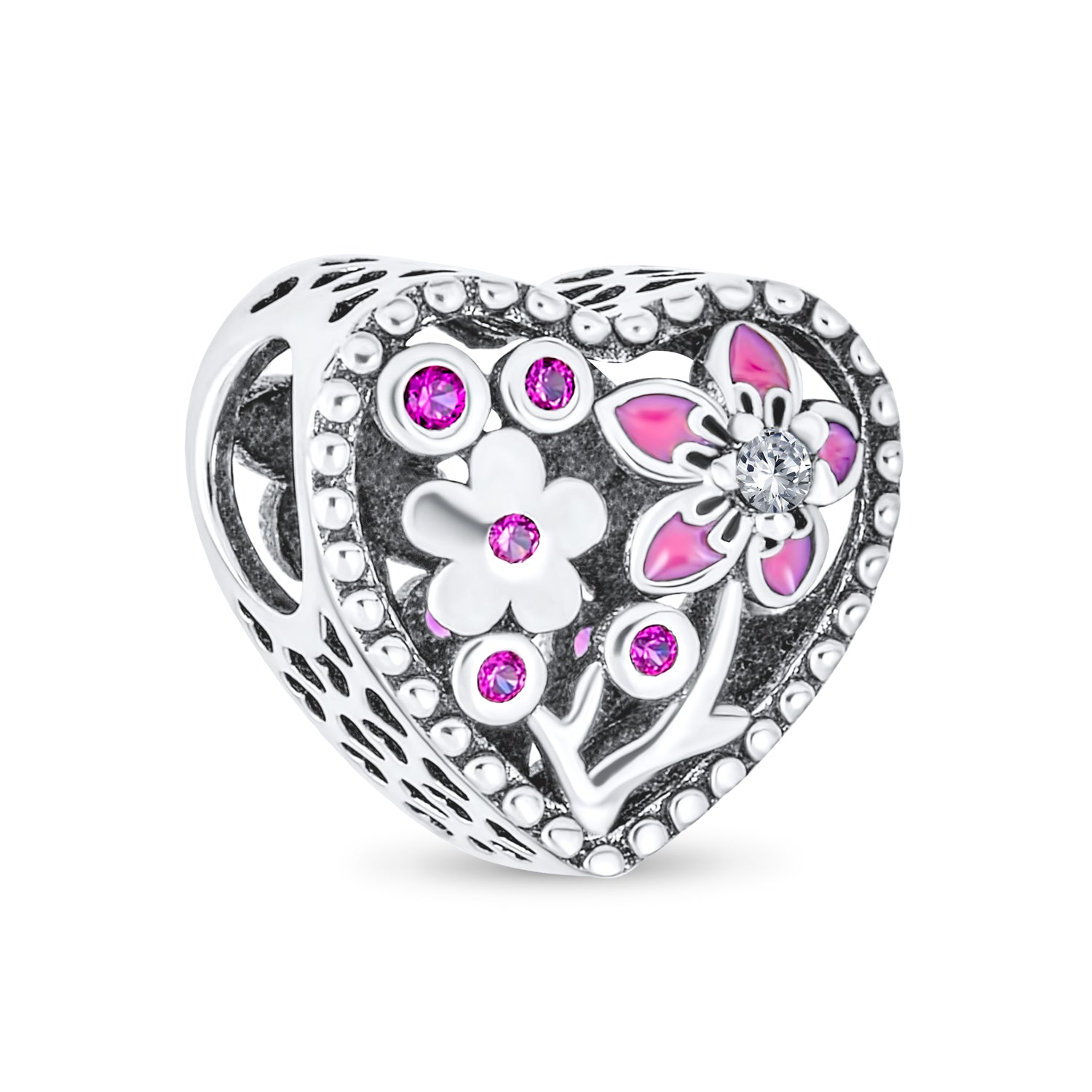 Sterling Silver Valentine Love Grows With Pink Red Enamel Flower Heart Shape Charm Bead for Bracelet