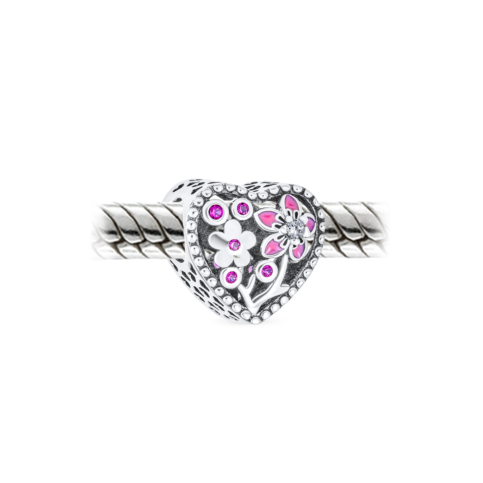 Sterling Silver Valentine Love Grows With Pink Red Enamel Flower Heart Shape Charm Bead for Bracelet