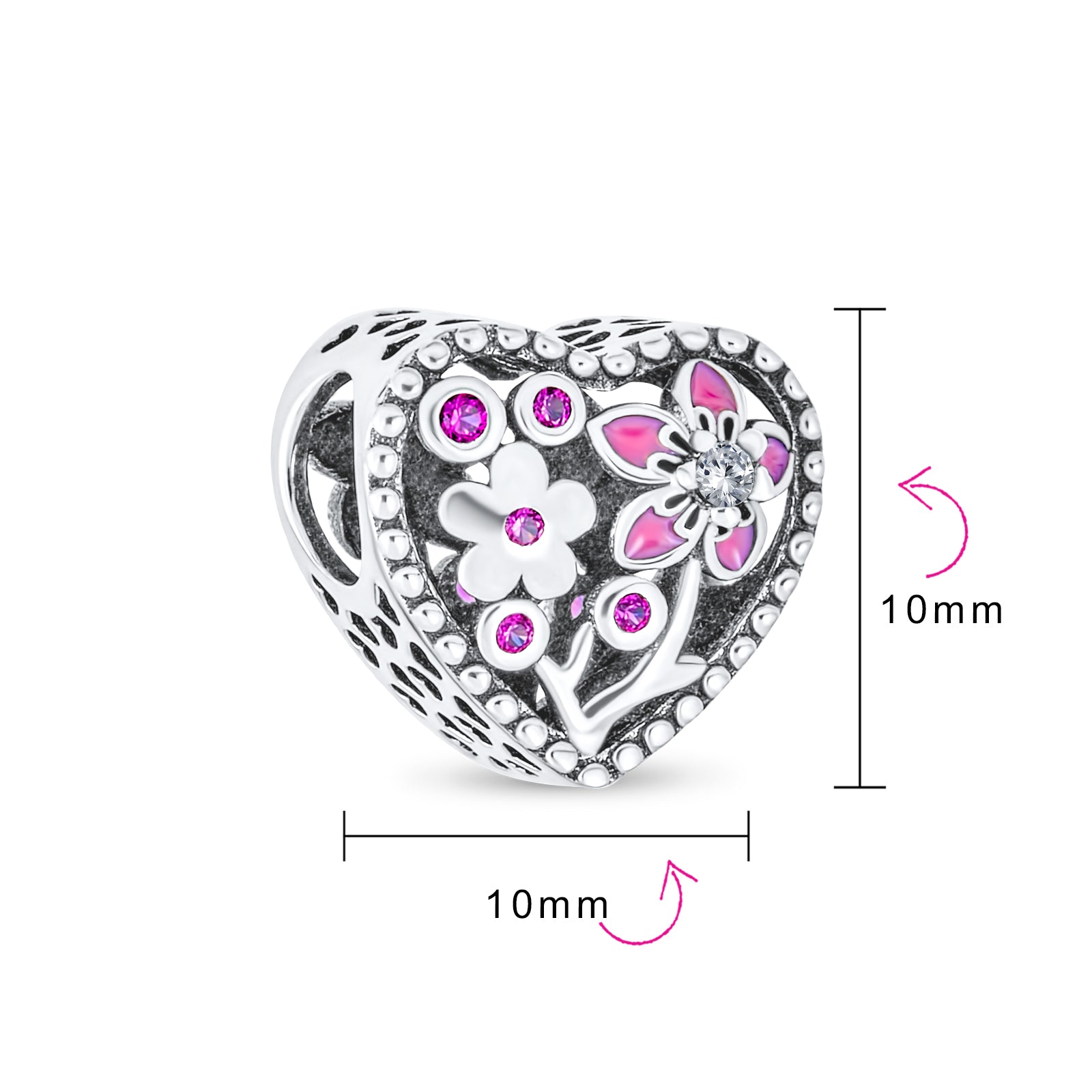 Sterling Silver Valentine Love Grows With Pink Red Enamel Flower Heart Shape Charm Bead for Bracelet