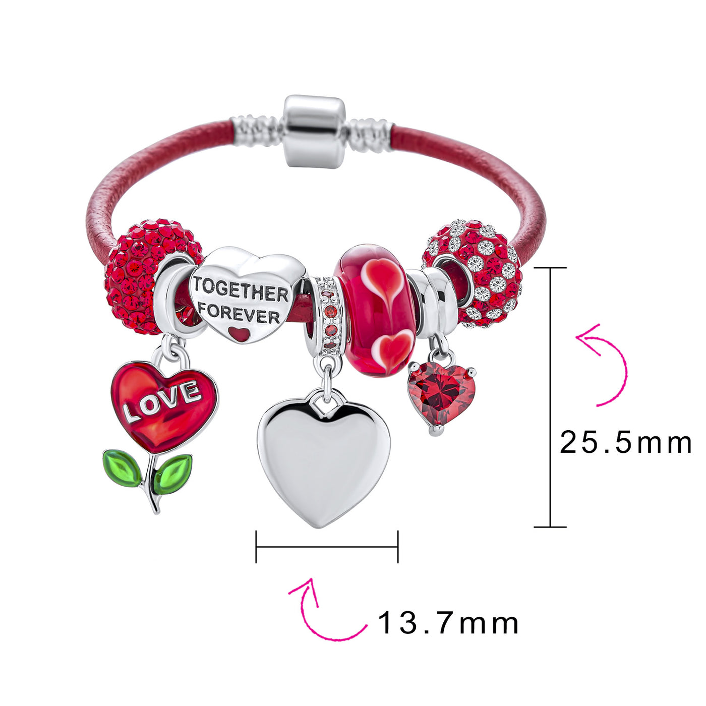 Initials Love Heart Charm Bracelet with Genuine Red Leather and Sterling Silver Clasp