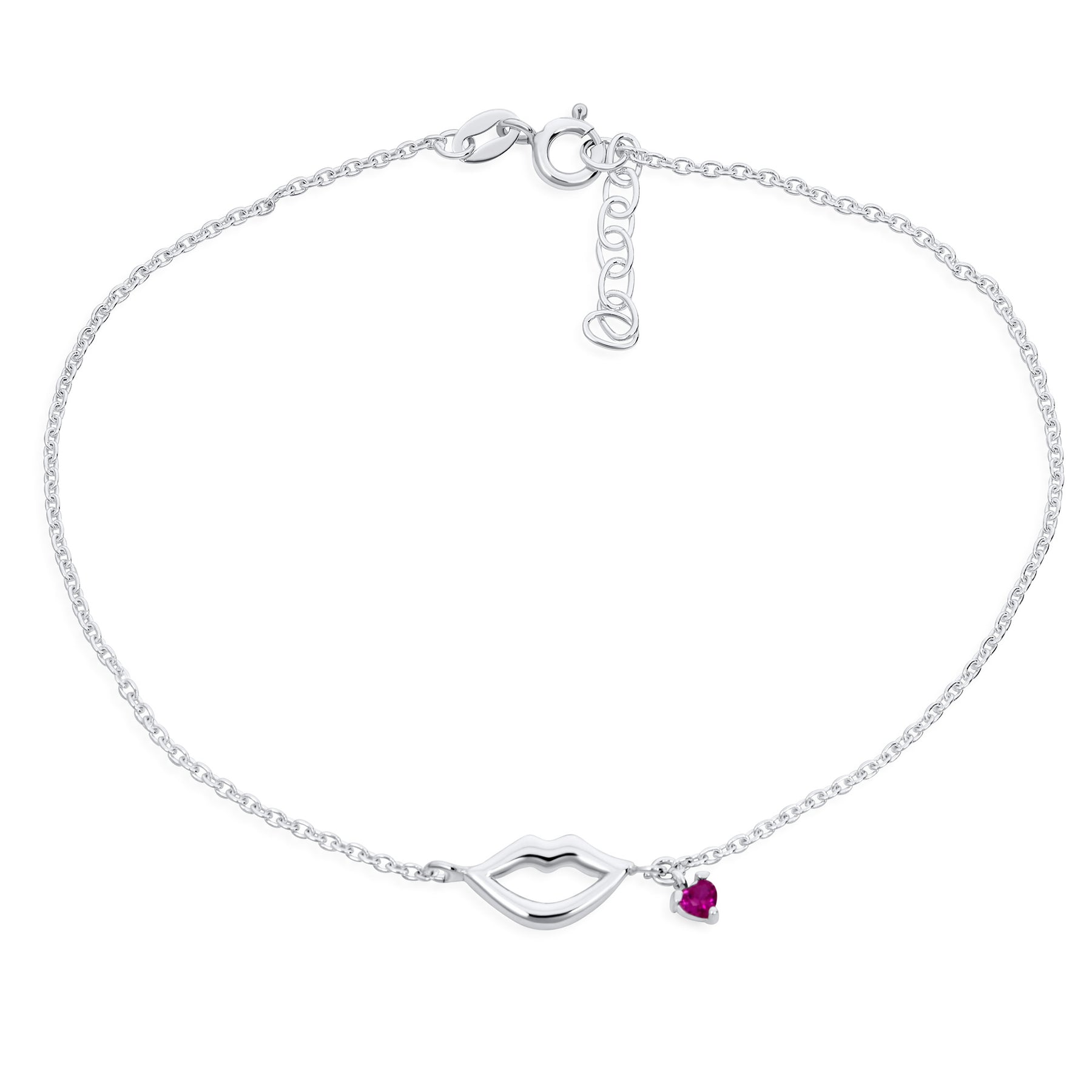 Sexy Kissing Lips & Red Heart Charm Anklet Ankle Bracelet .925 Sterling Silver Adjustable