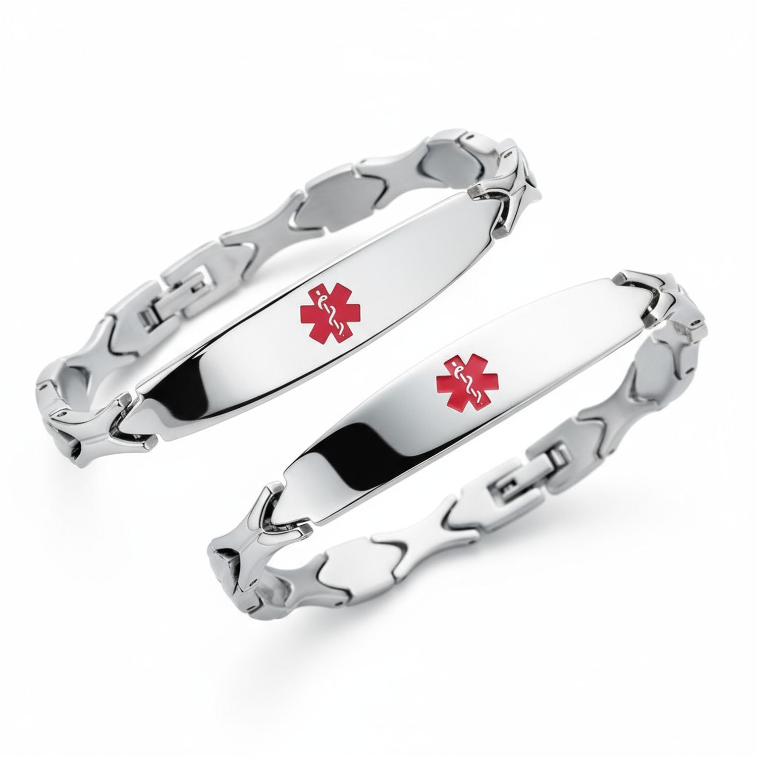 Medical ID Bracelet Set Two Leaf Link Chain Identification Name Plated Red Alert Stainless Steel