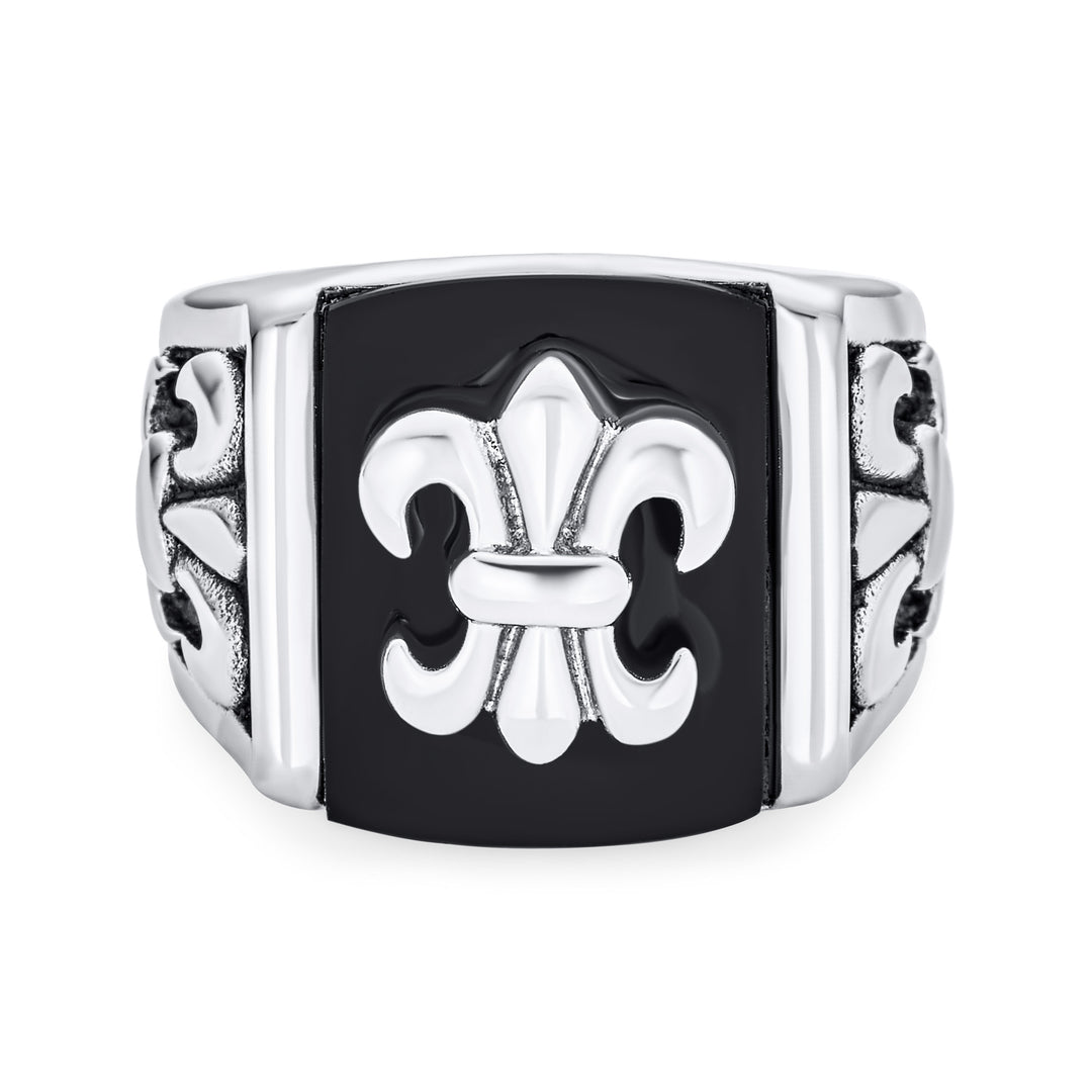 Mens Stainless Steel Black Onyx Fleur De Lis Signet Ring Silver Tone Bling Jewelry