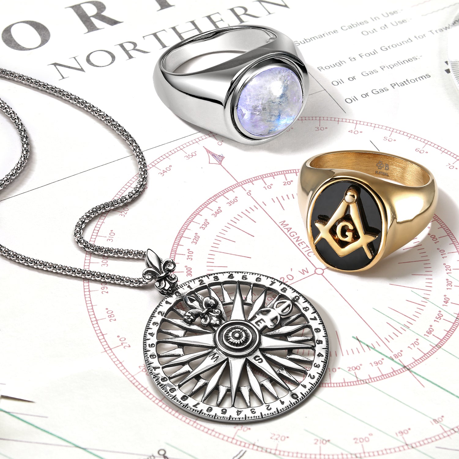 Unisex Celtic Fleur De Lis Compass Pendant Necklace in Oxidized Sterling Silver