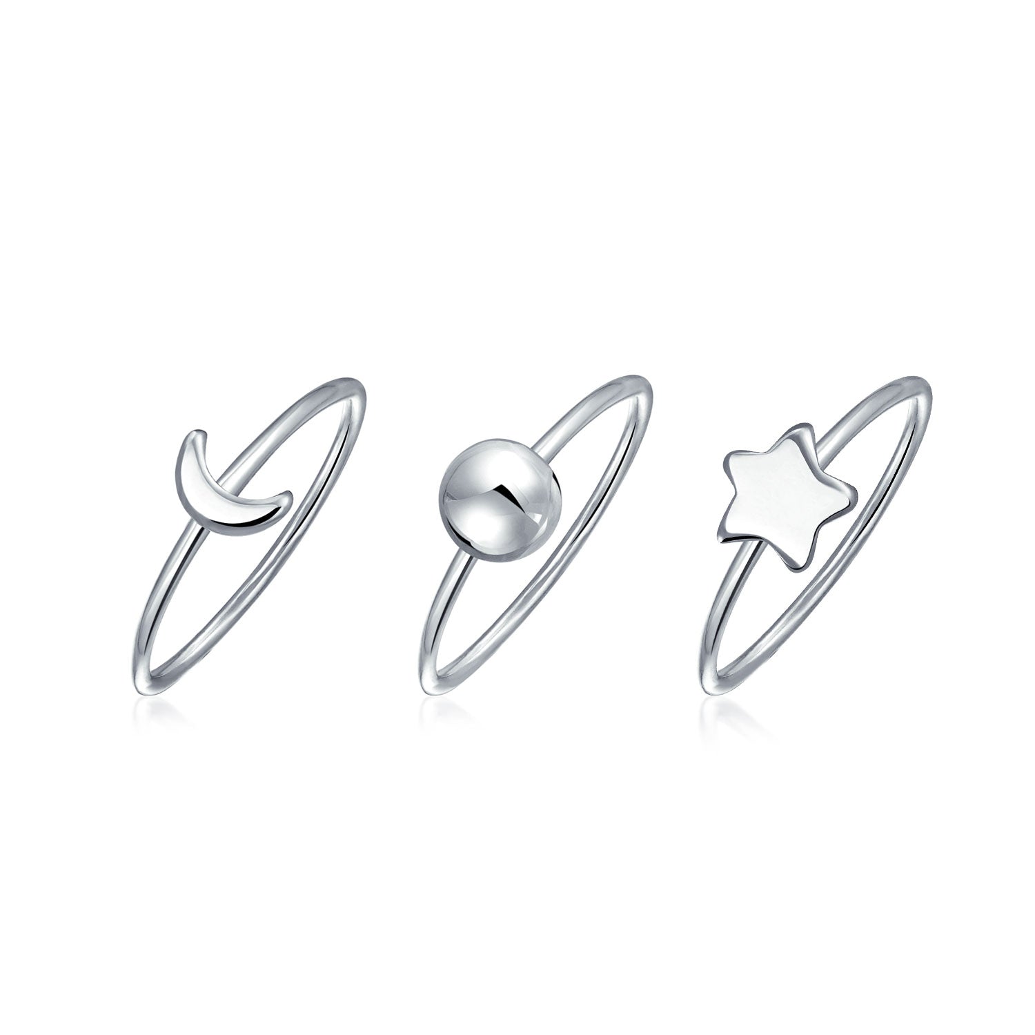 Set of 3 Minimalist Celestial Silver Sun Moon Star Knuckle Bands Ring Set