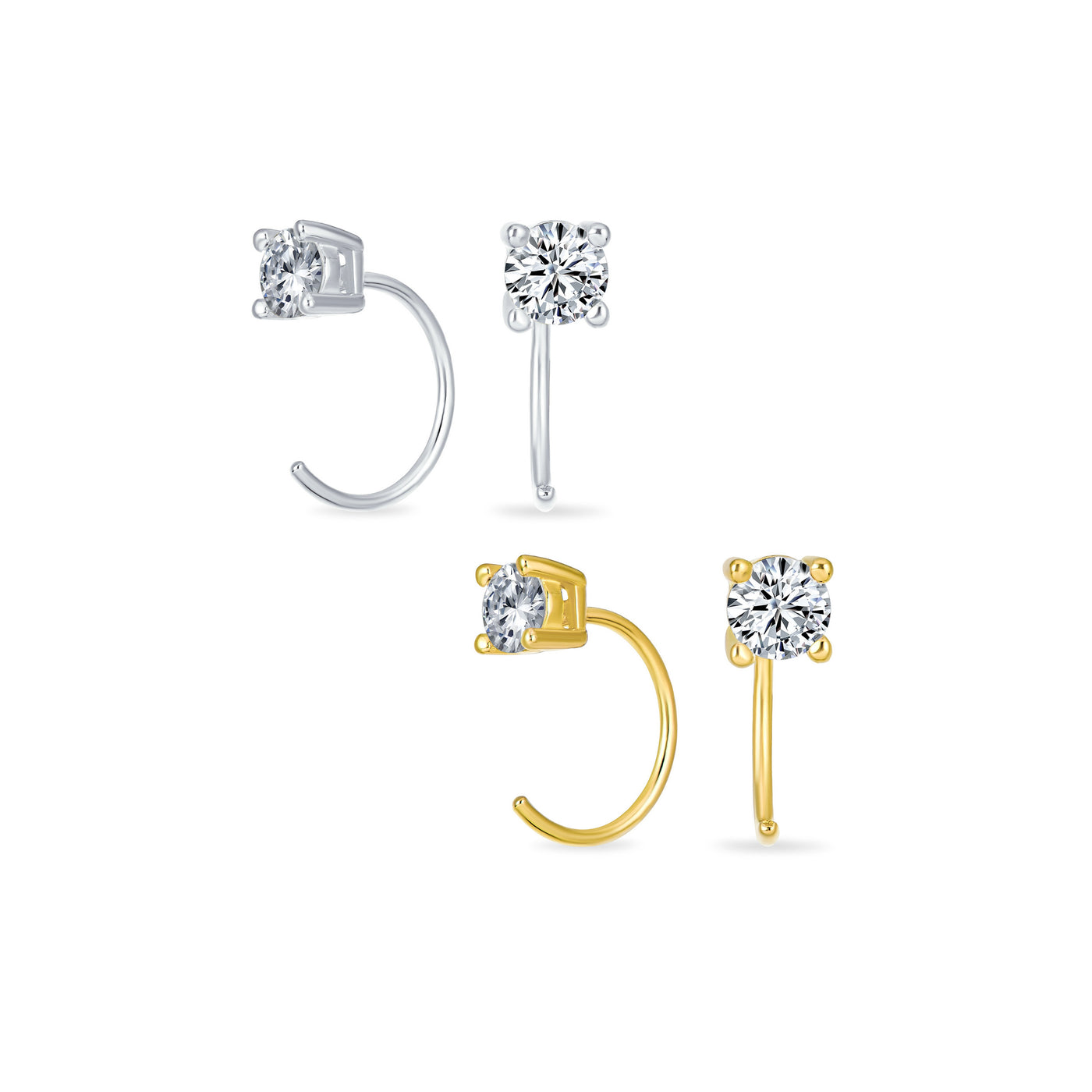 Set of 2 Tiny CZ Solitaire Threader Stud Earrings Gold Plated Sterling Silver
