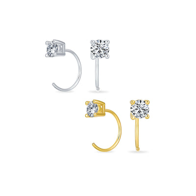 Set of 2 Tiny CZ Solitaire Threader Stud Earrings Gold Plated Sterling Silver