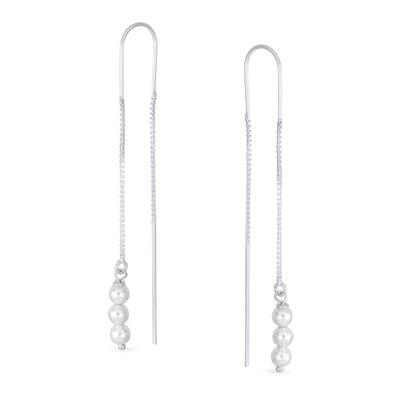 Set of 2 Minimalist Long Chain Wire Hook Dangle Earrings 3 Pearls 4 Bead Balls