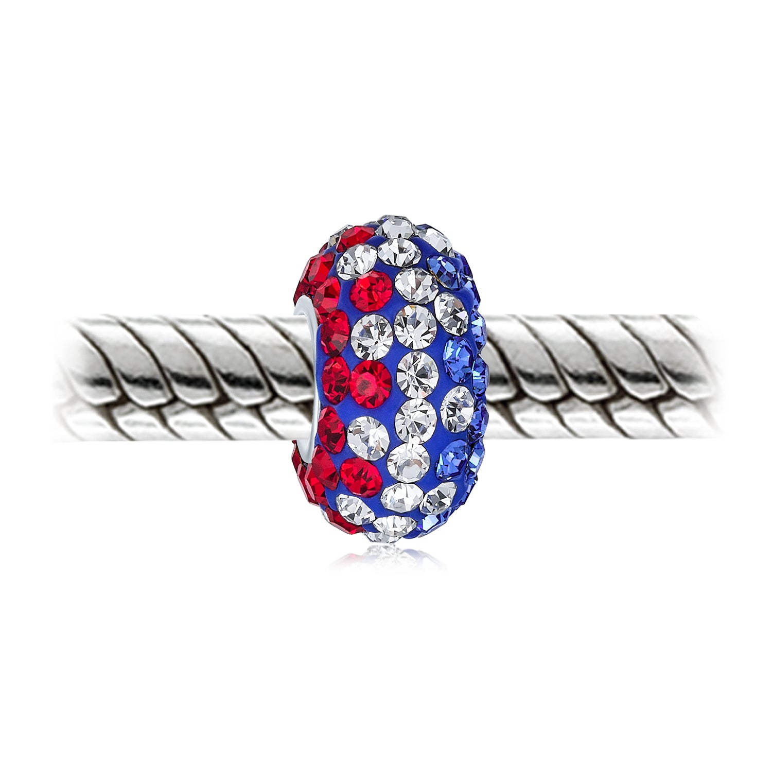 Sterling Silver Red White Blue Patriotic Striped Crystal Spacer Charm Bead Core for Bracelet (Set)