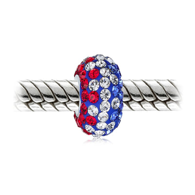 Set of 2 Red White Blue Crystal Bead Charm Spacer for European Bracelet Silver