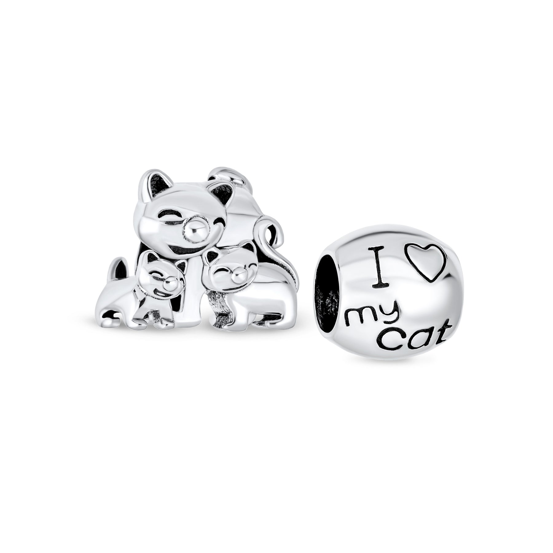 Sterling Silver Cat Kittens Family Pet Lover 3 Three Cat I Love My Cat Charm Bead for Bracelet (Set)