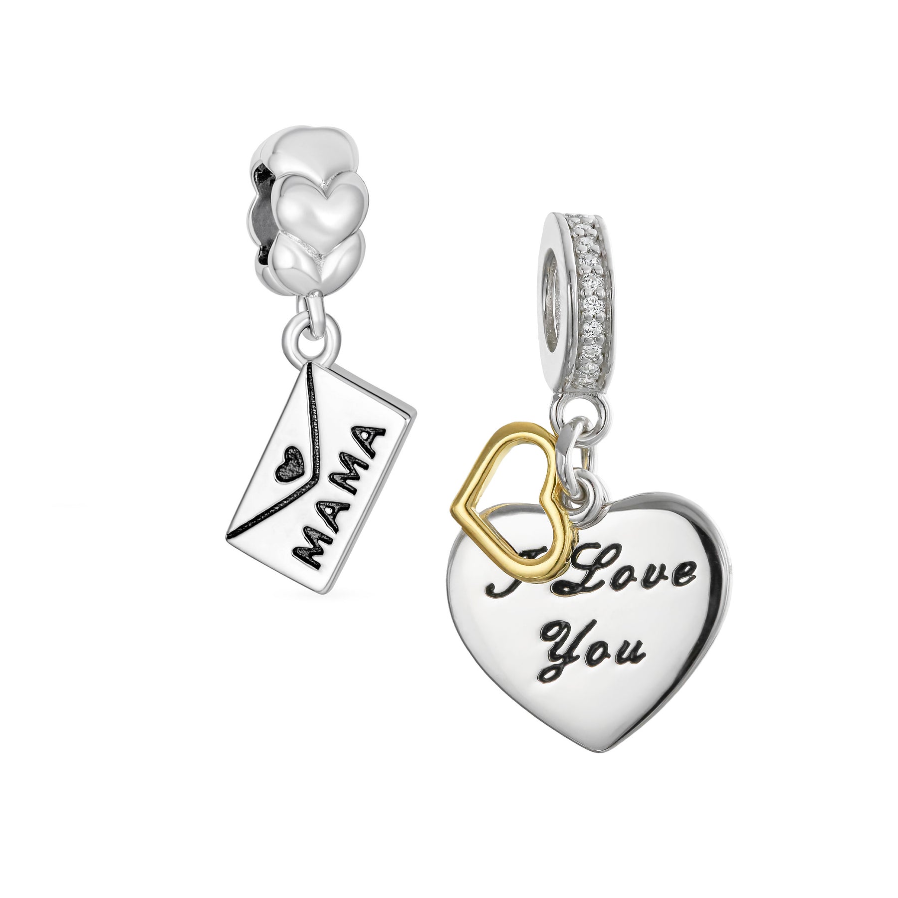 Sterling Silver Love Letter Envelope Word MAMA & I LOVE YOU Heart-Shape Charm Bead Gold Plate (Set)
