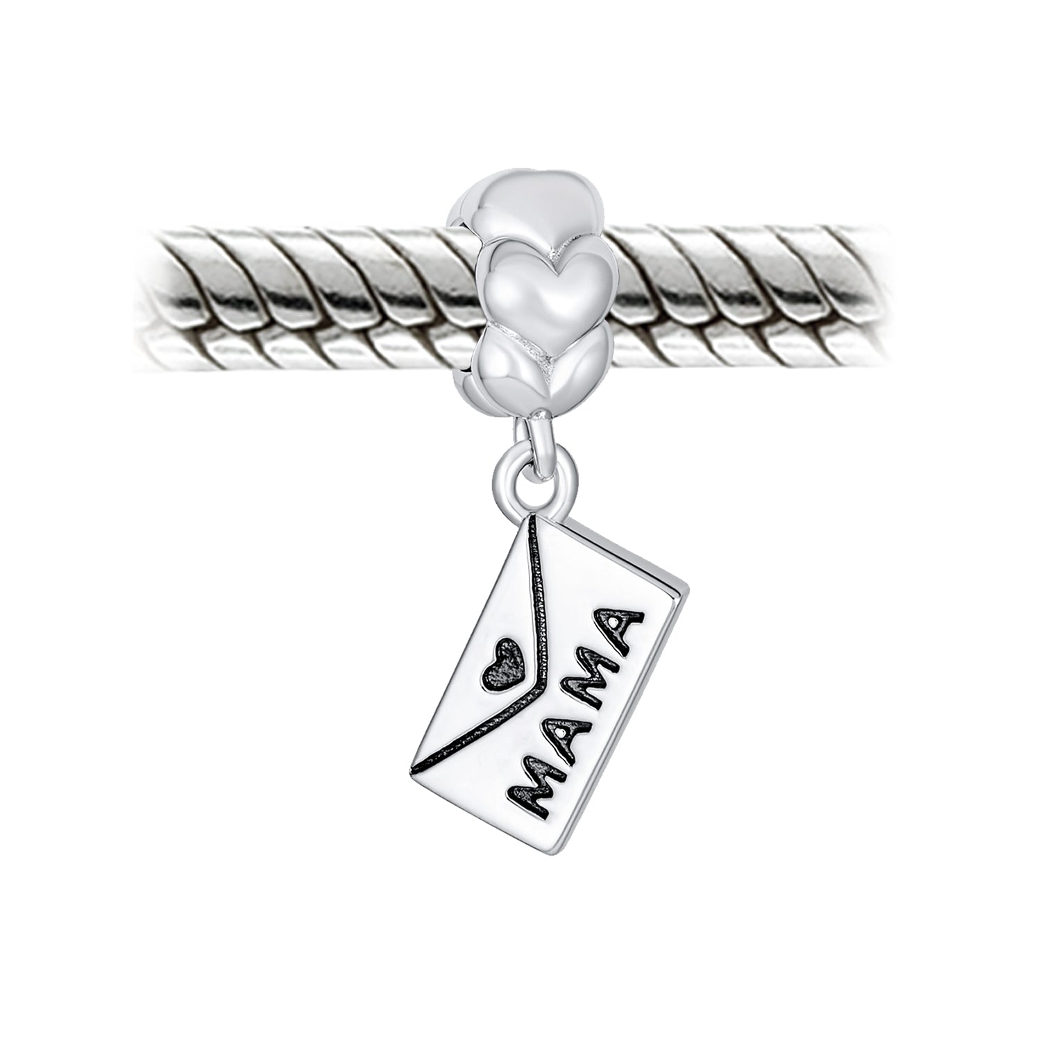 Sterling Silver Love Letter Envelope Word MAMA & I LOVE YOU Heart-Shape Charm Bead Gold Plate (Set)