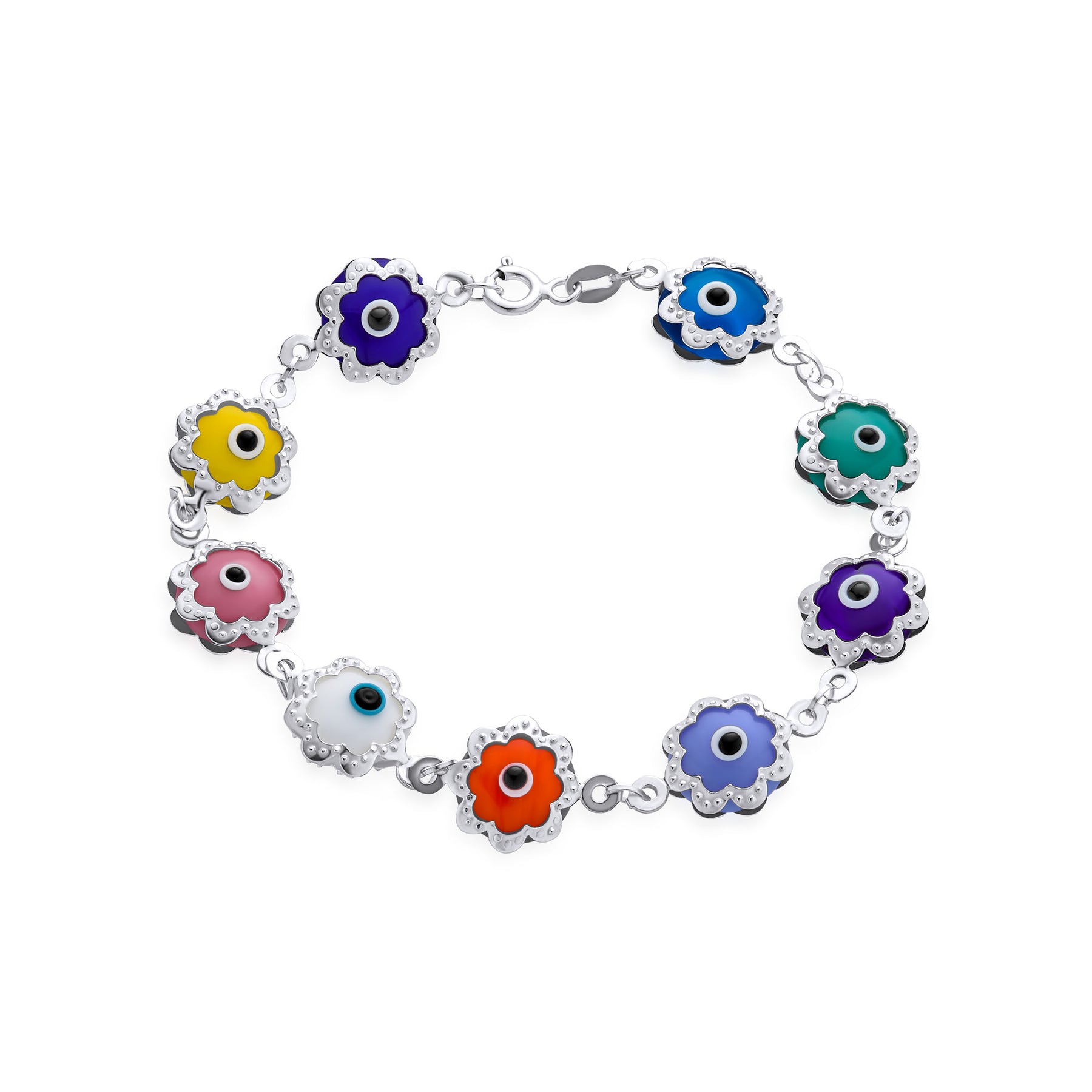 Protection Amulet Multi-Color Evil Eye Charms Strand Bracelet Sterling Silver