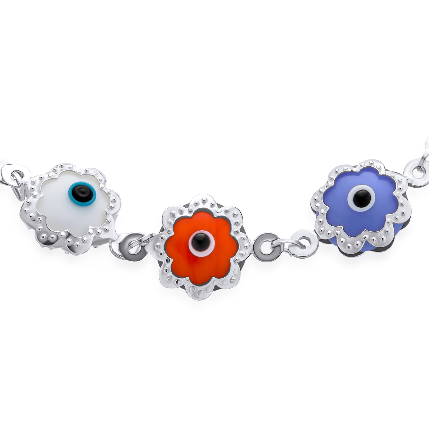 Protection Amulet Multi-Color Evil Eye Charms Strand Bracelet Sterling Silver