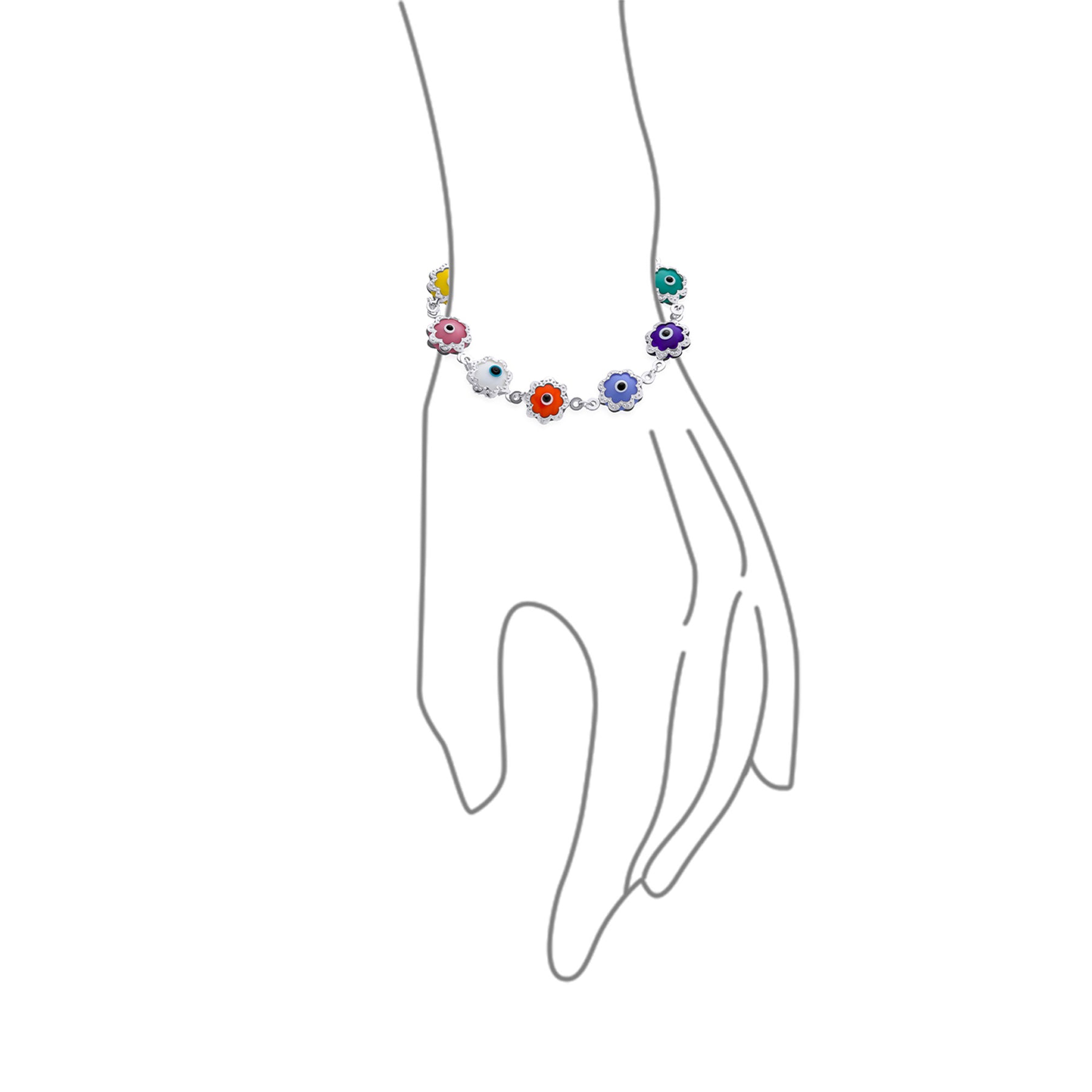 Protection Amulet Multi-Color Evil Eye Charms Strand Bracelet Sterling Silver